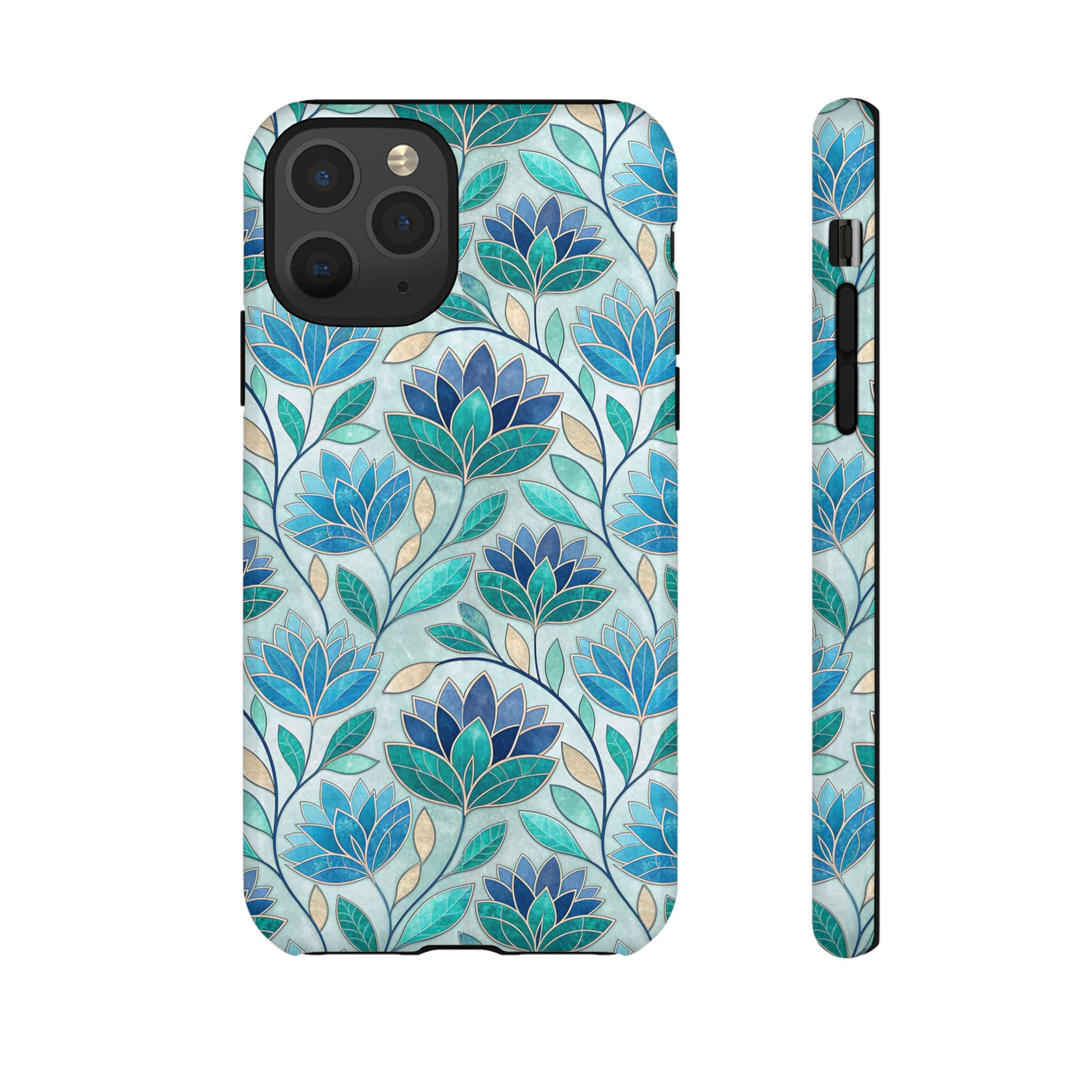 Mosaic iPhone Case, Stained Glass Floral Phone Cover, Teal Blue Protective Case, Matte Glossy Options, Artistic Mosaic Pattern