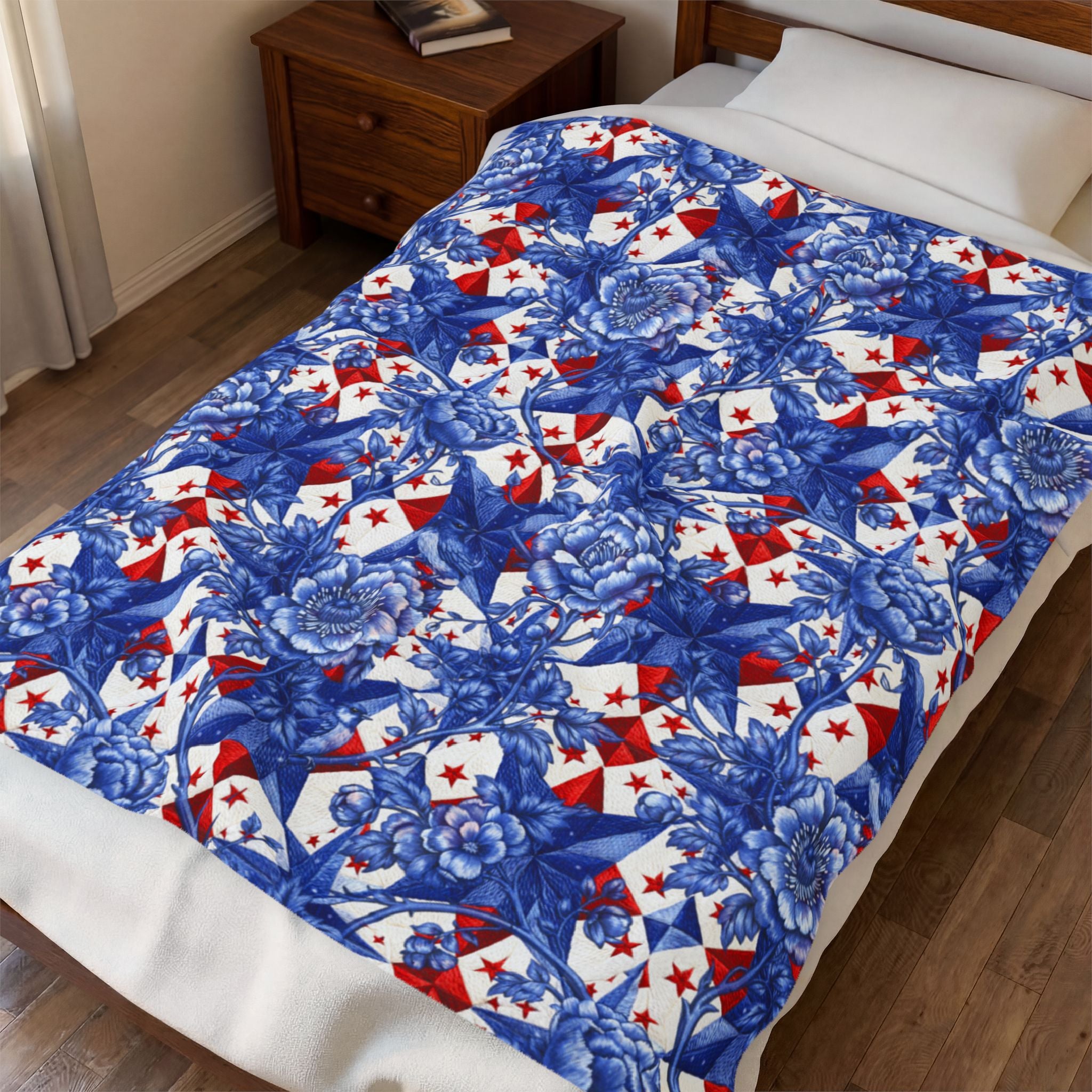America 250th Anniversary Plush Blanket - Patriotic Blue Toile Floral & Red Star Velveteen Throw
