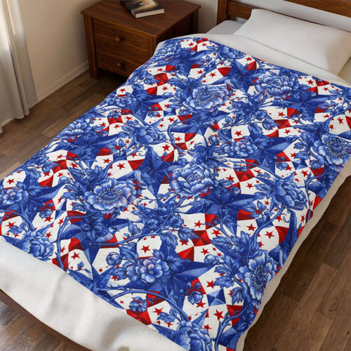 America 250th Anniversary Plush Blanket - Patriotic Blue Toile Floral & Red Star Velveteen Throw