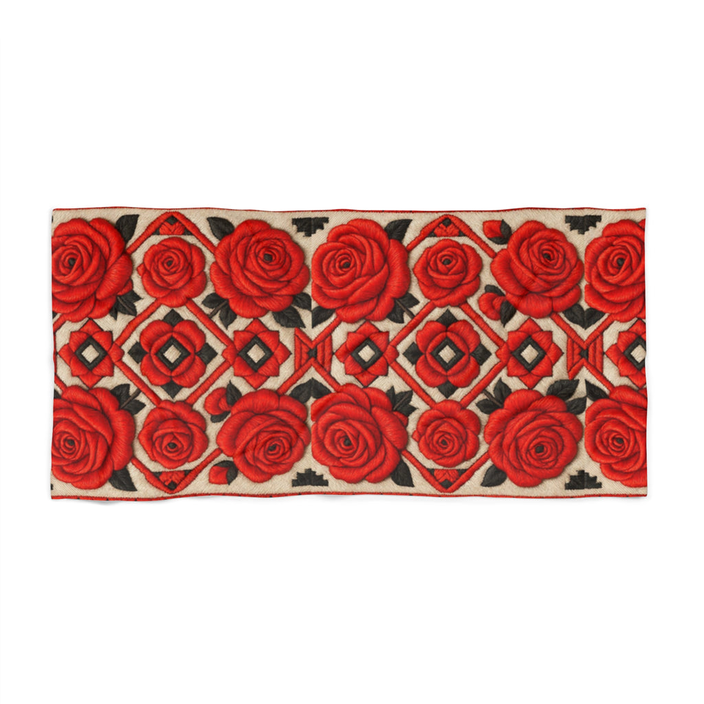 Red Roses Beach Towel | Vintage Floral Geometric Pool Towel | Soft Cotton Backing Oversized Swim Gift