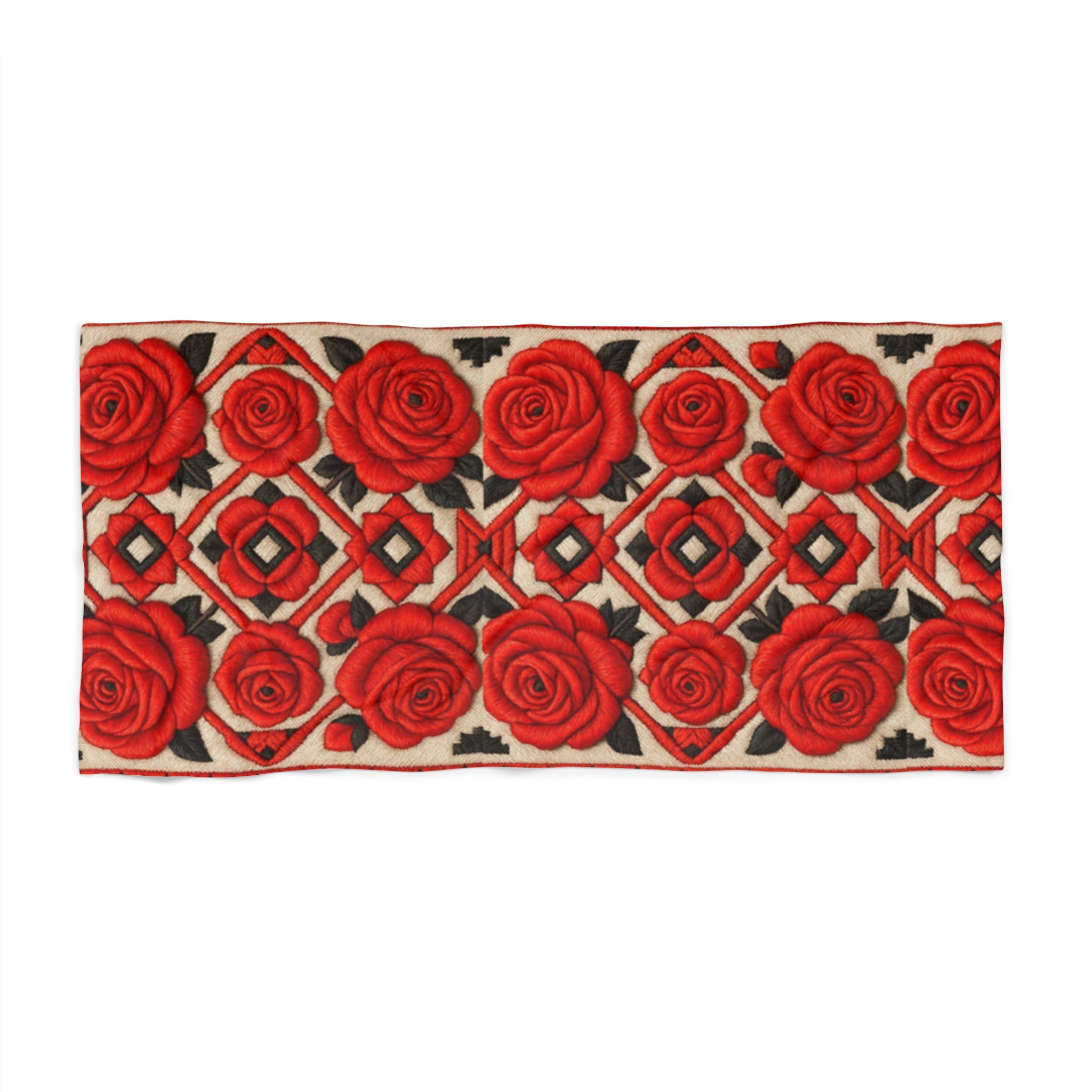 Red Roses Beach Towel | Vintage Floral Geometric Pool Towel | Soft Cotton Backing Oversized Swim Gift