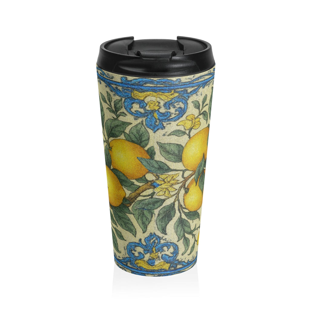 Citrus Riviera Lemon Botanical Travel Mug – 15oz Insulated Stainless Steel Coffee Tumbler | Mediterranean Style