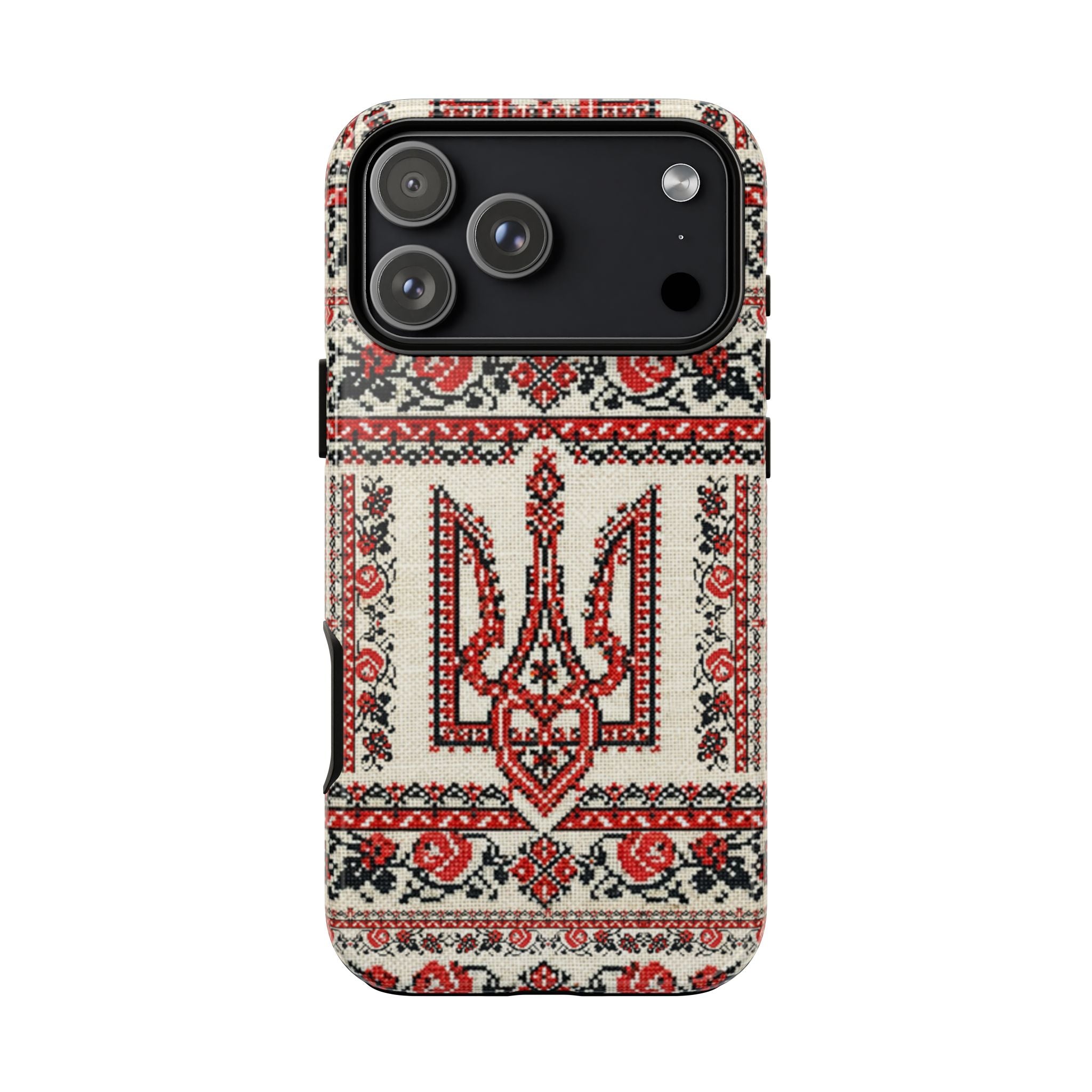 Ukrainian Trident Embroidery Phone Case • Red Black Trident Pattern • Protective Folk Art Cover for iPhone & Samsung