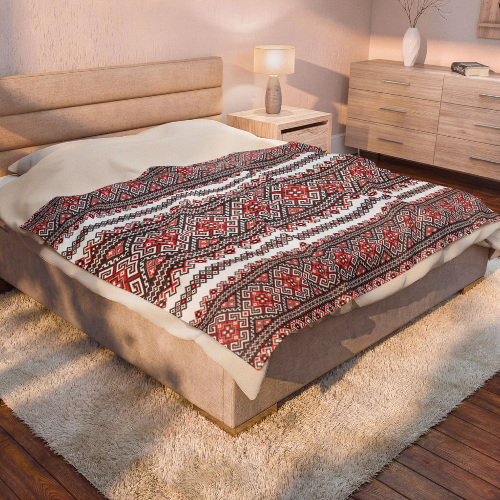 Stasia Red Ukrainian Folk Art Blanket - Velvet Plush Throw, Red & Black Geometric Pattern, Slavic Heritage Gift