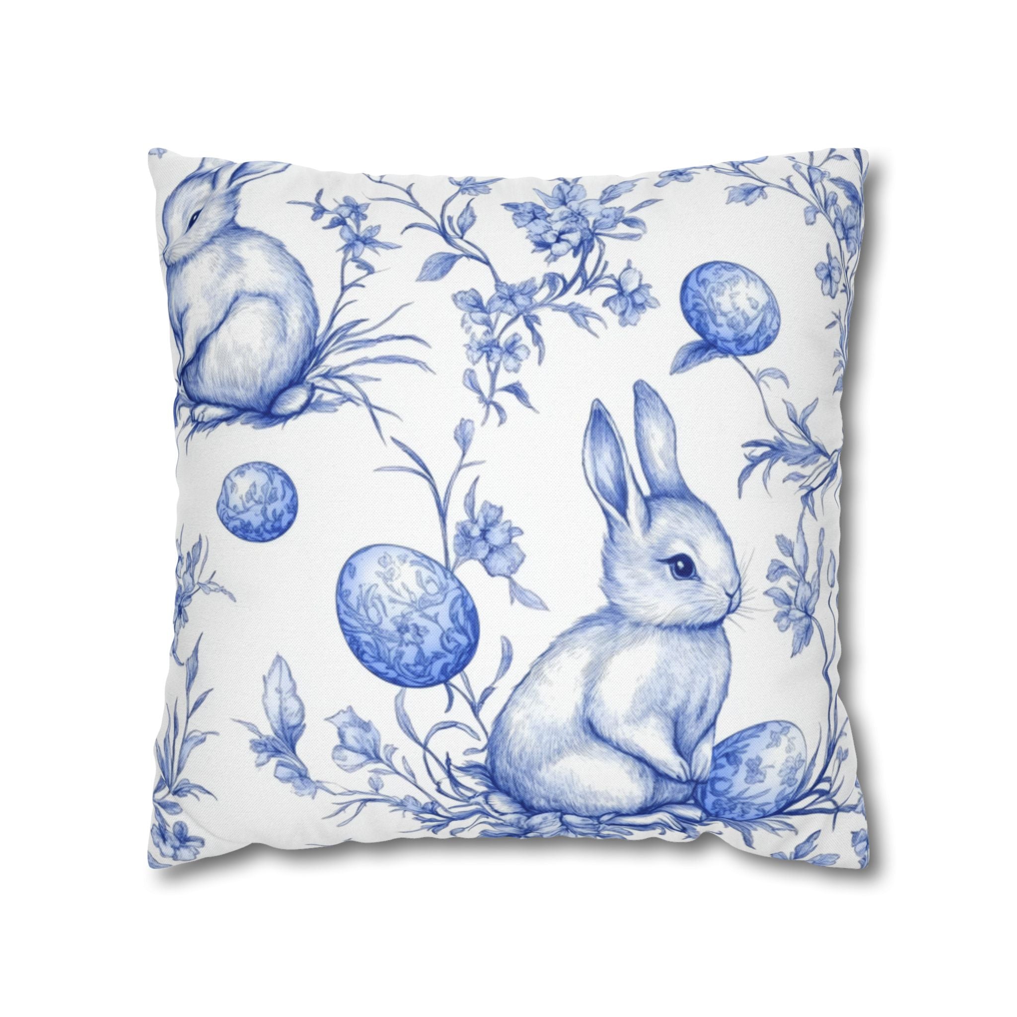 Bunny Bouquet Pillowcase, Square Pillowcase,Floral Rabbits on Blue, Patrick's day, Living Room,Home Decor,bedroom, housewarming,cottage core
