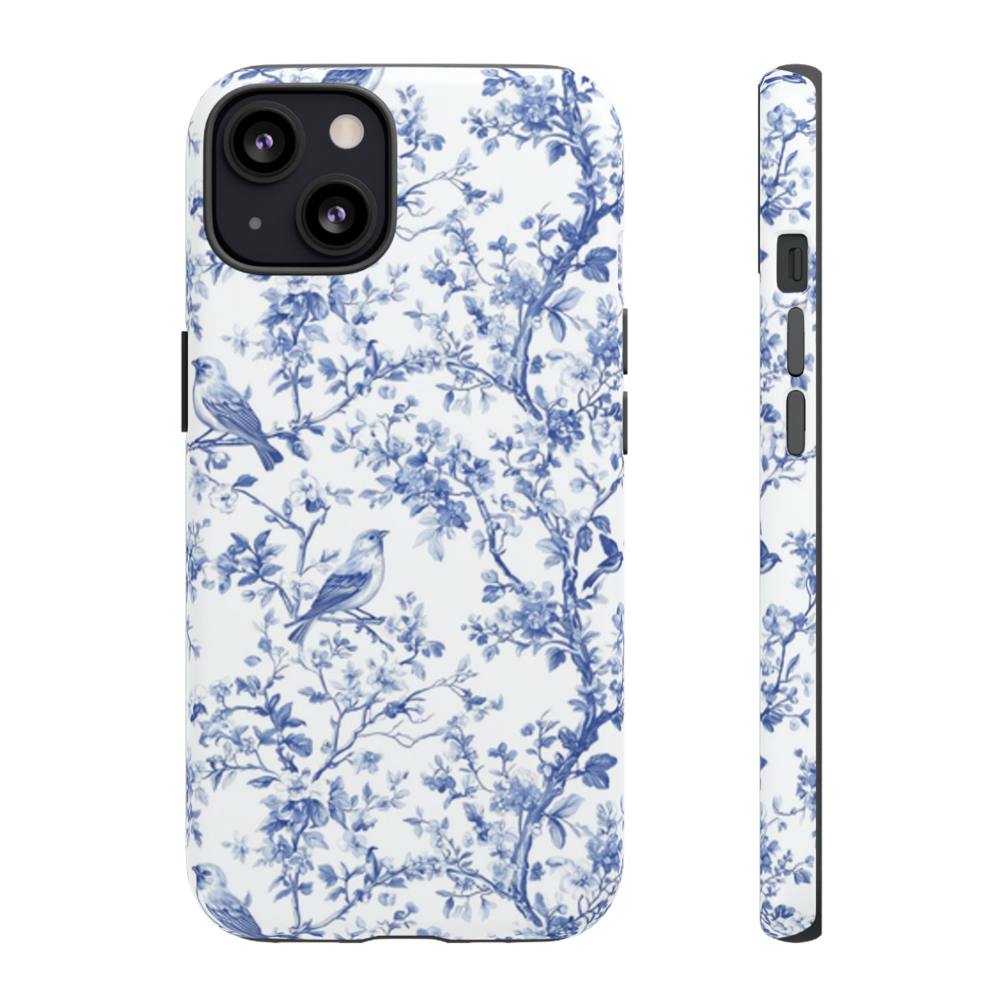 Blue Floral Vine Phone Case, Toile-inspired romantic floral Marbleized Branch Pattern
