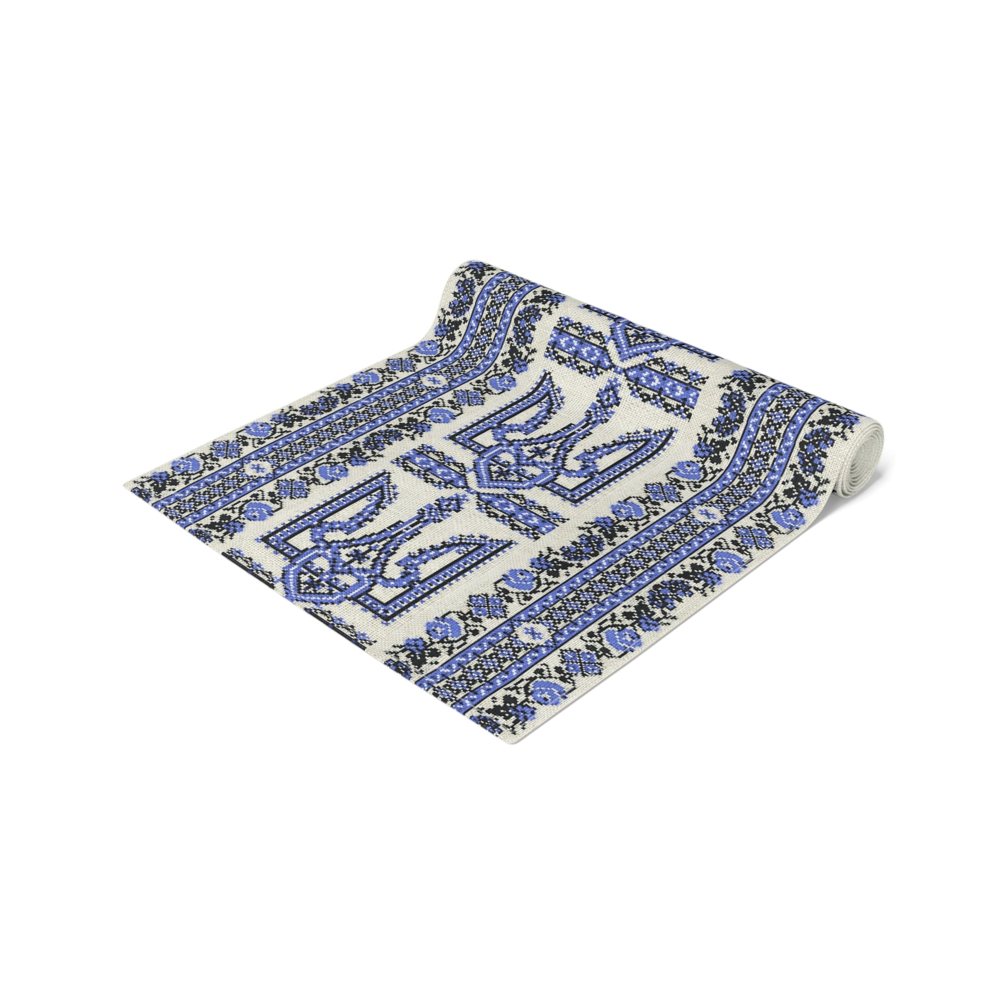 Ukrainian Trident Blue Table Runner | Tryzub Folk Decor | Cotton or Polyester