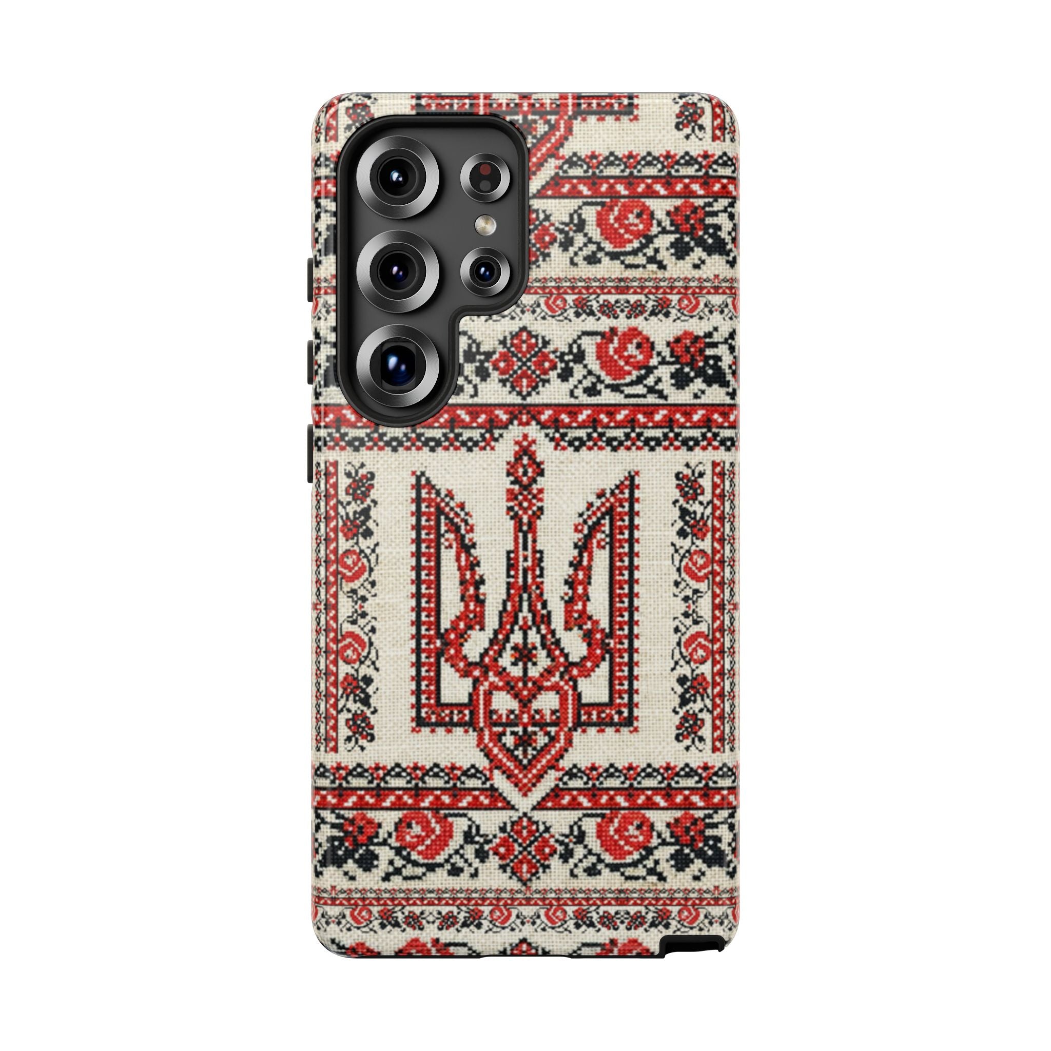 Ukrainian Trident Embroidery Phone Case • Red Black Trident Pattern • Protective Folk Art Cover for iPhone & Samsung