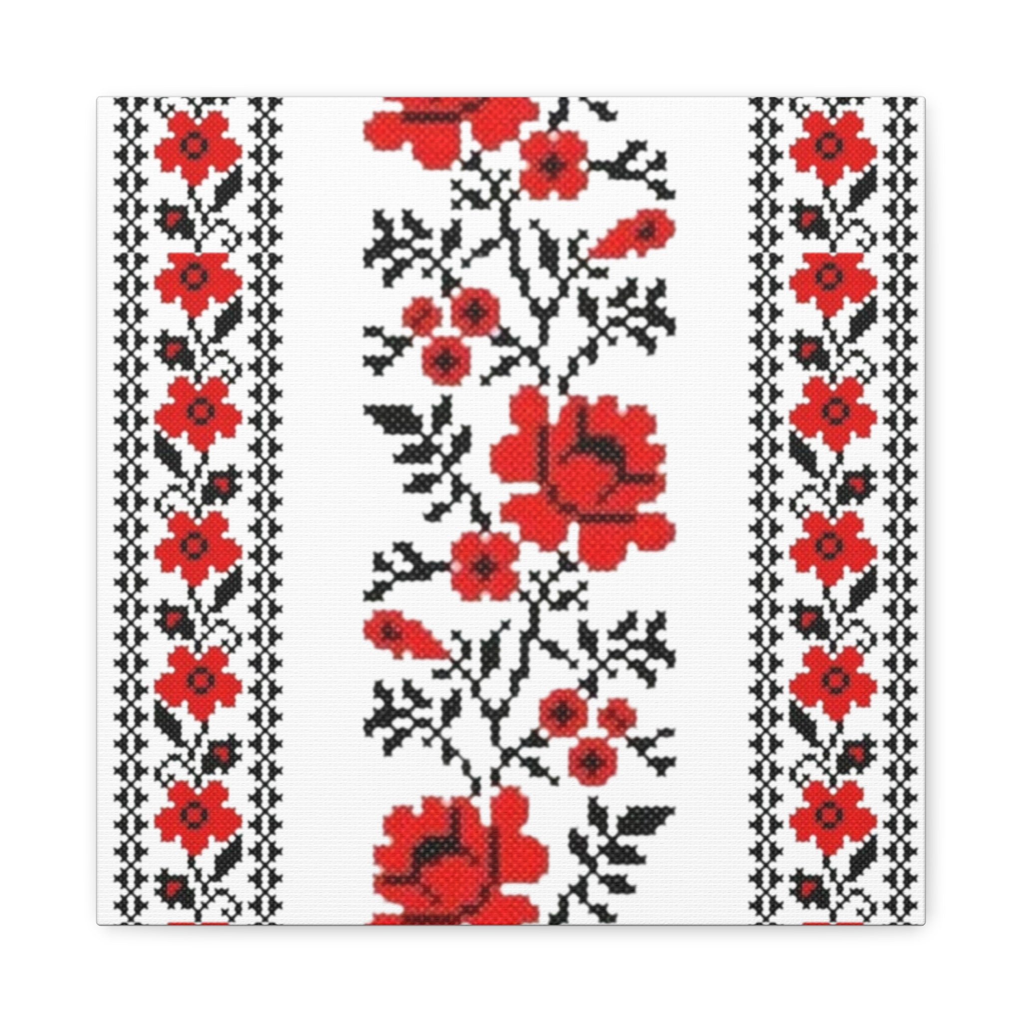 Ukrainian Embroidery Wall Art, Red Black Folk Floral Pattern, Traditional Slavic Home Decor Canvas for Living Room or Entryway, Matte Print, Stretched 1.25" Ready to Hang
