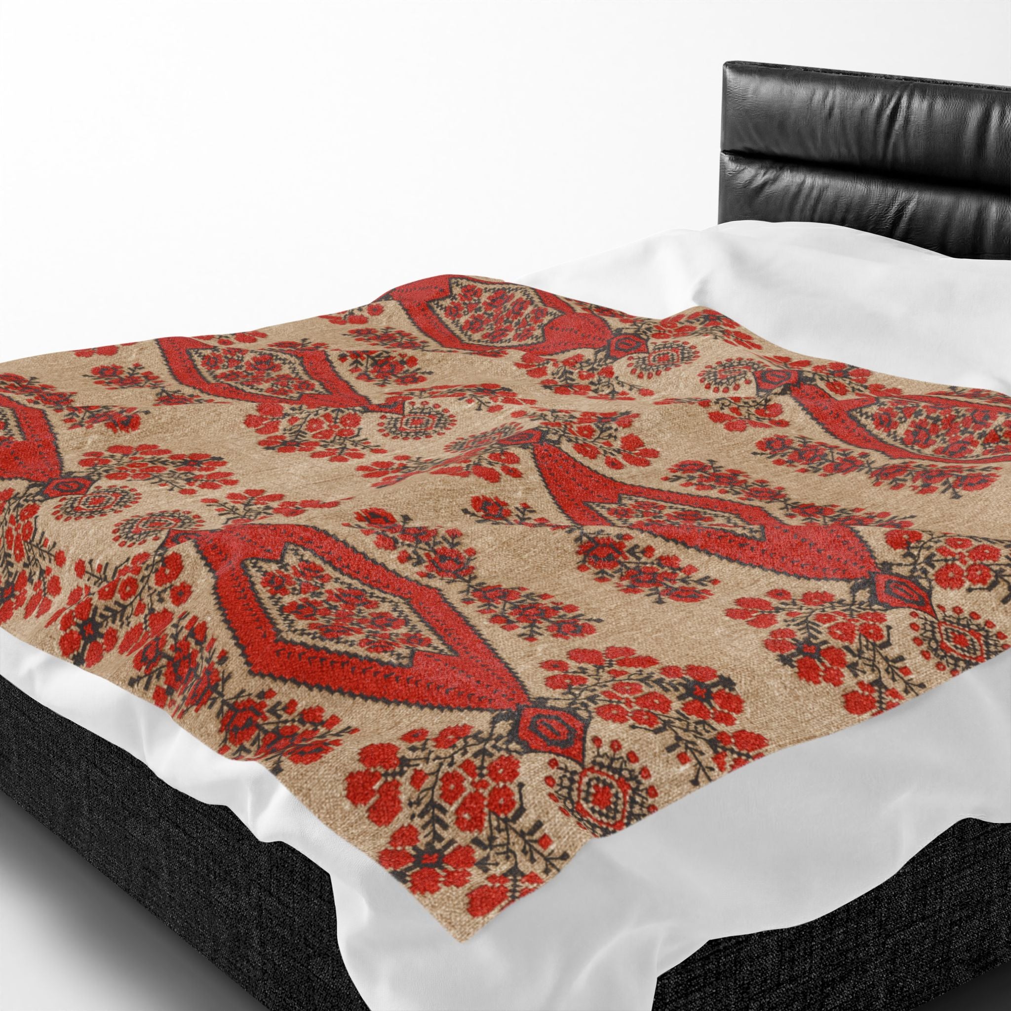 Berehynia Velvet Plush Blanket, Ukrainian Protective Symbol, Soft Red Black Folk Pattern Throw for Cozy Home Decor