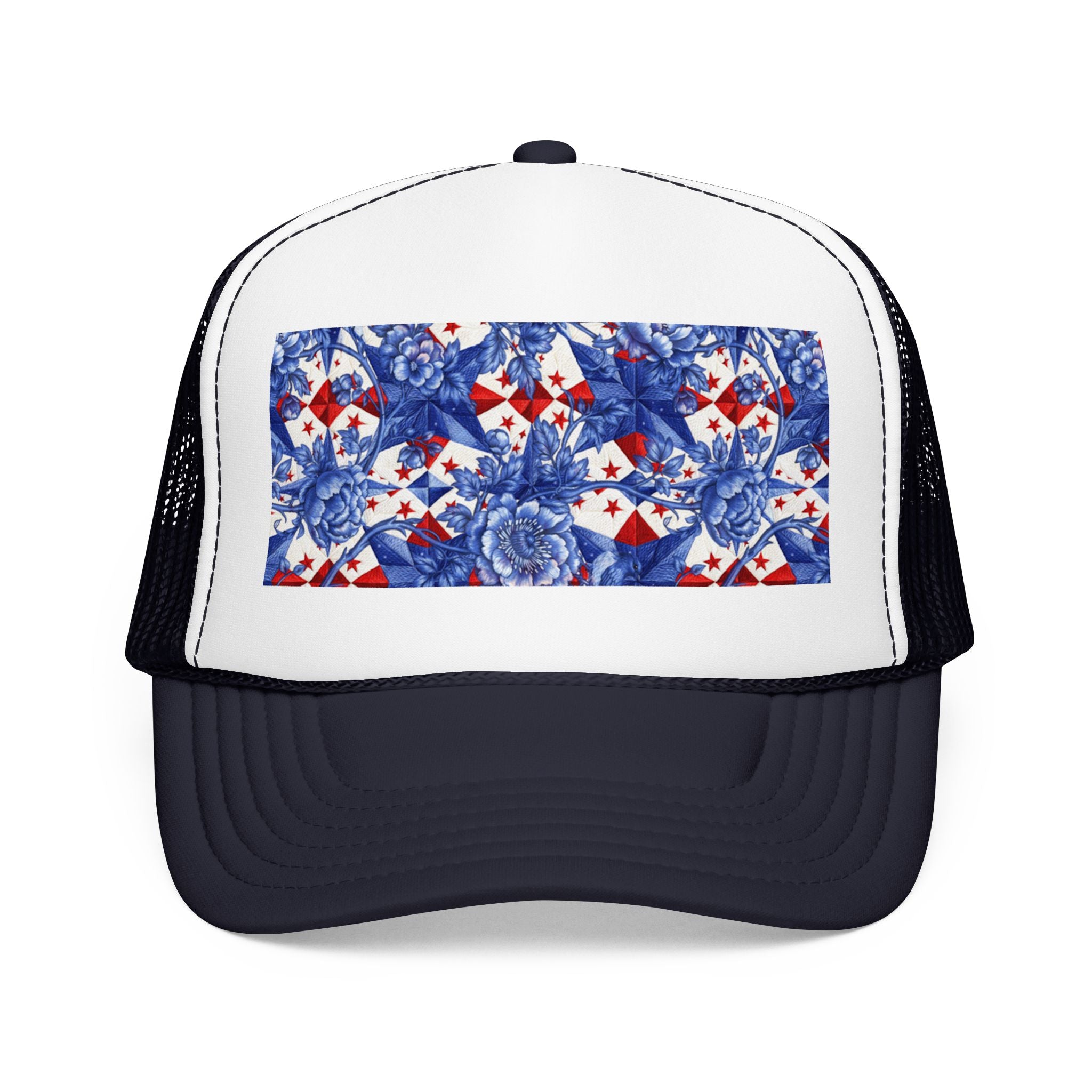 America 250th Anniversary Trucker Hat | Patriotic Toile Floral & Stars | BLUESKYDEZIGN