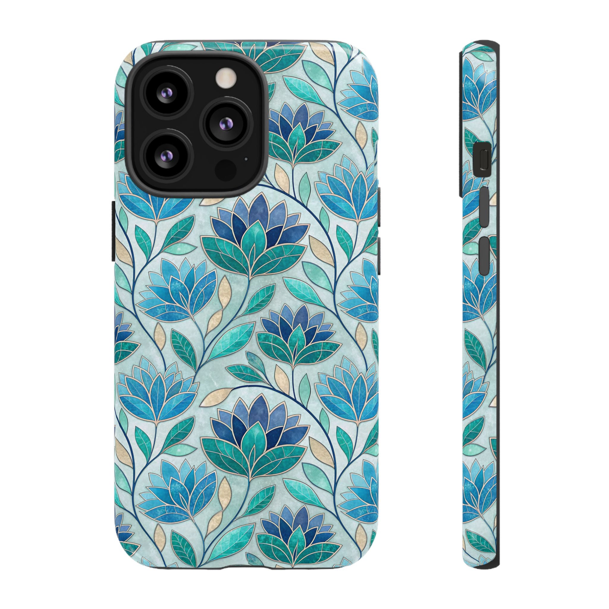 Mosaic iPhone Case, Stained Glass Floral Phone Cover, Teal Blue Protective Case, Matte Glossy Options, Artistic Mosaic Pattern