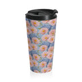 Stainless steel travel mug with a pink peony and blue hydrangea floral pattern from the Soft Provence collection, featuring a black flip-top lid.