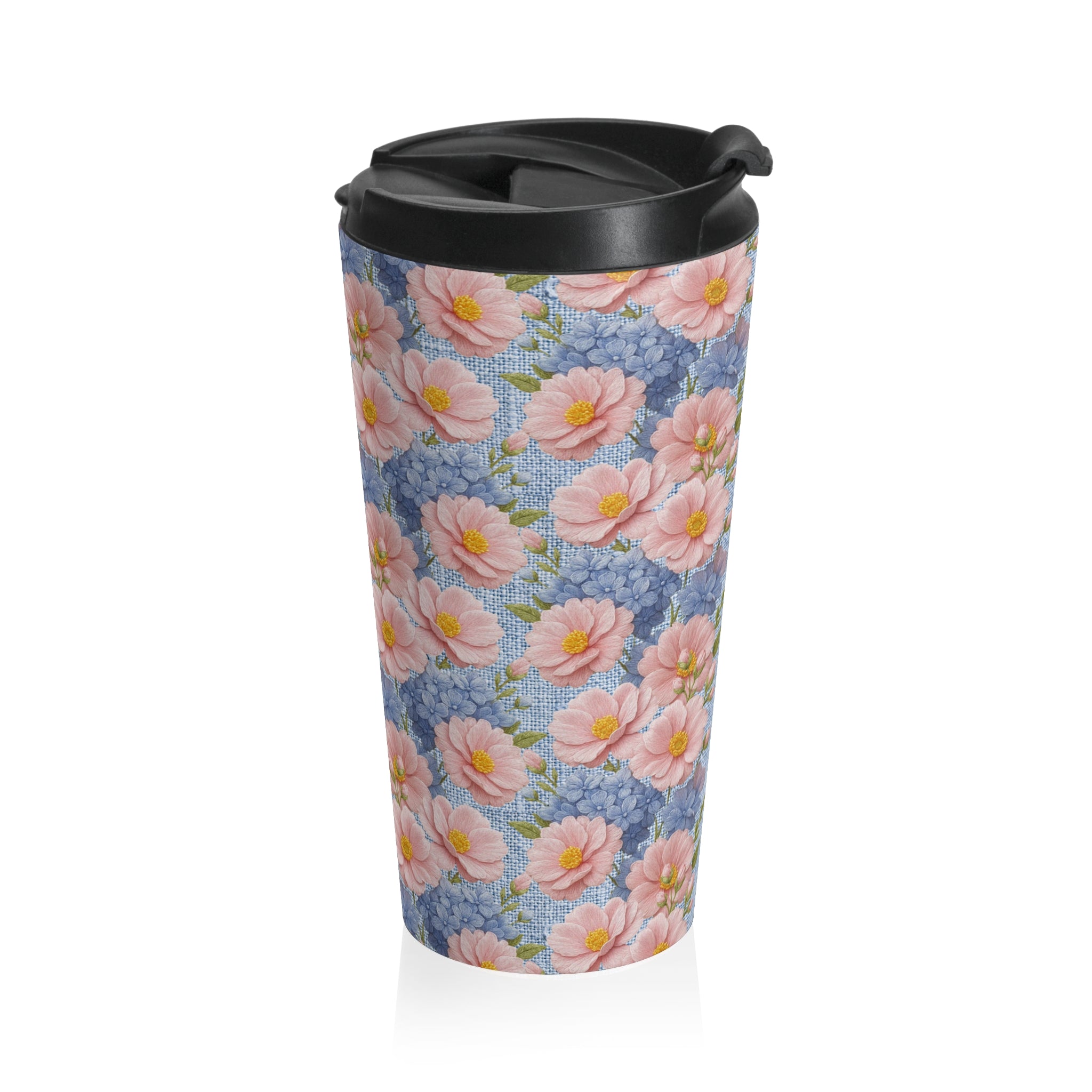 Stainless steel travel mug with a pink peony and blue hydrangea floral pattern from the Soft Provence collection, featuring a black flip-top lid.