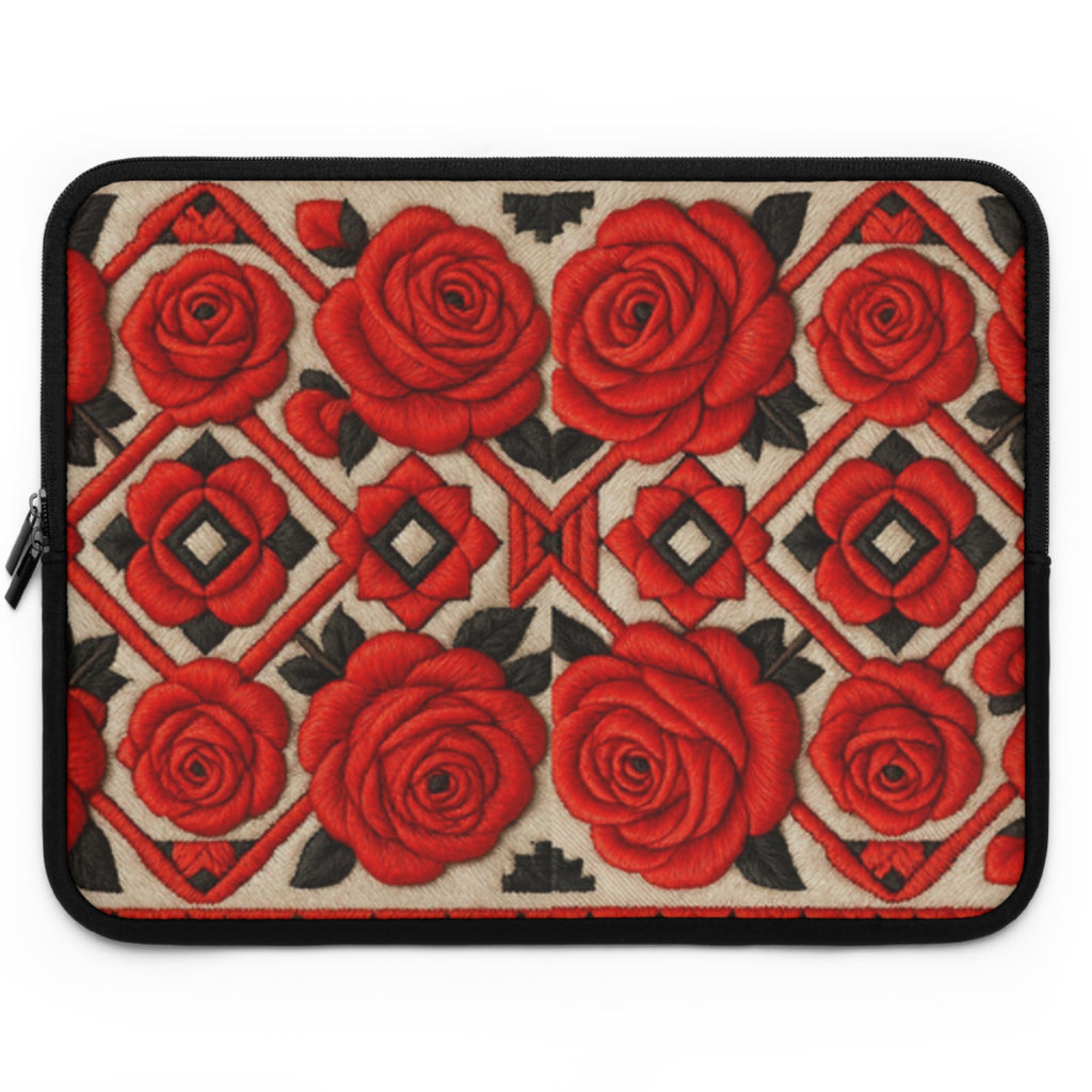 Red Roses Laptop Sleeve | Vintage Floral Neoprene Case with Zipper | Folk Art Tech Bag Gift for Her