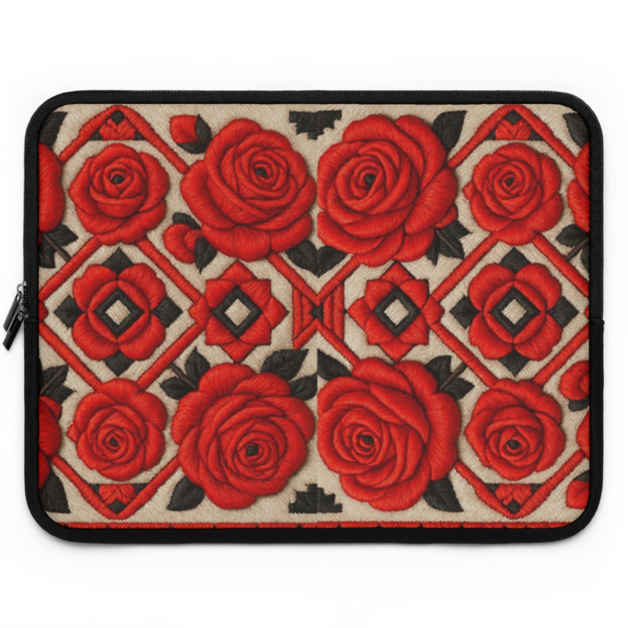 Red Roses Laptop Sleeve | Vintage Floral Neoprene Case with Zipper | Folk Art Tech Bag Gift for Her