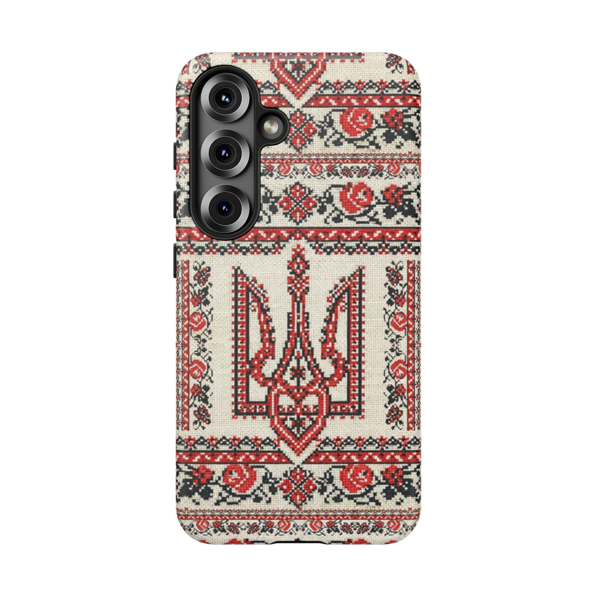 Ukrainian Trident Embroidery Phone Case • Red Black Trident Pattern • Protective Folk Art Cover for iPhone & Samsung