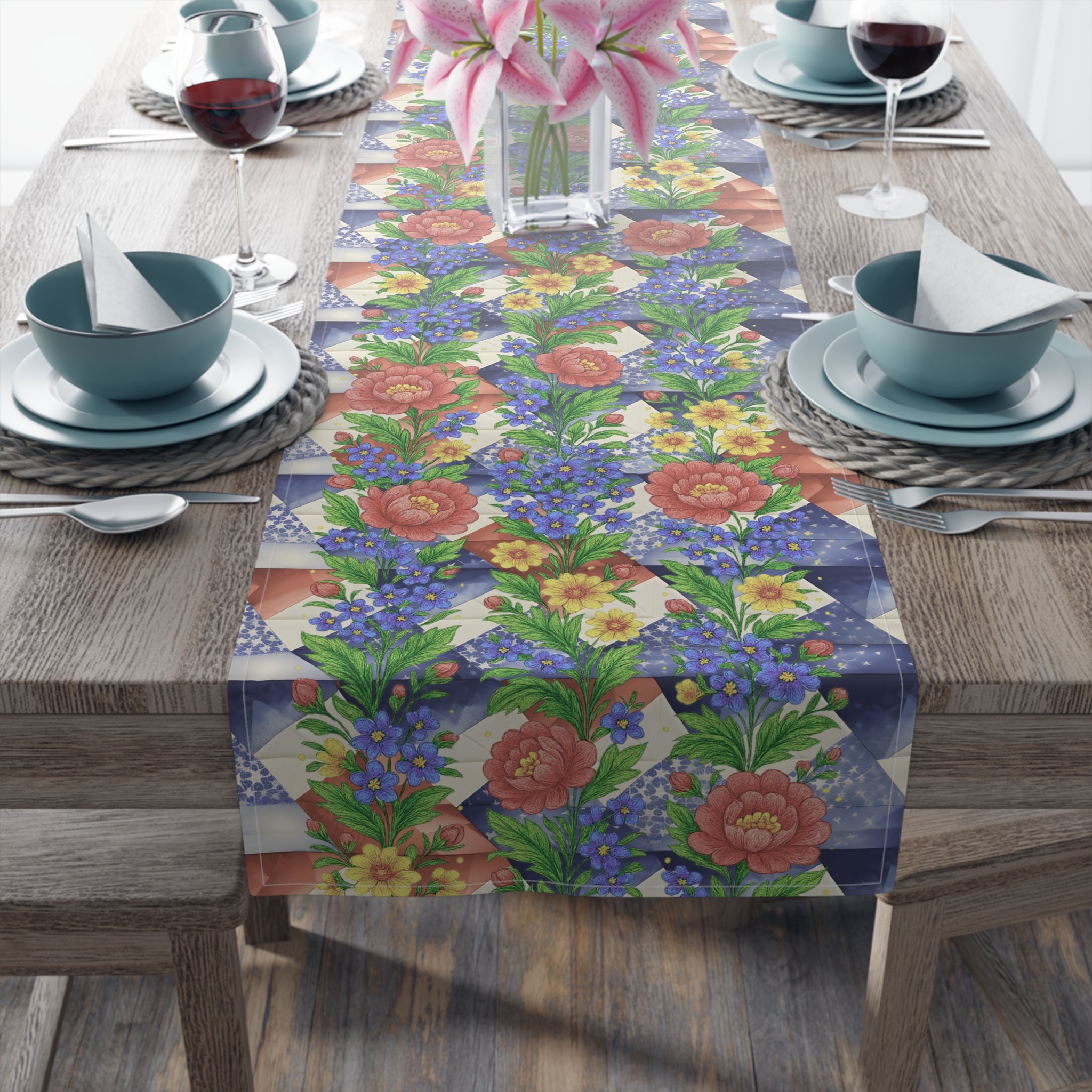 American Cozy Floral Table Runner - Patriotic Blue Geometric & Rose Bouquet Decor