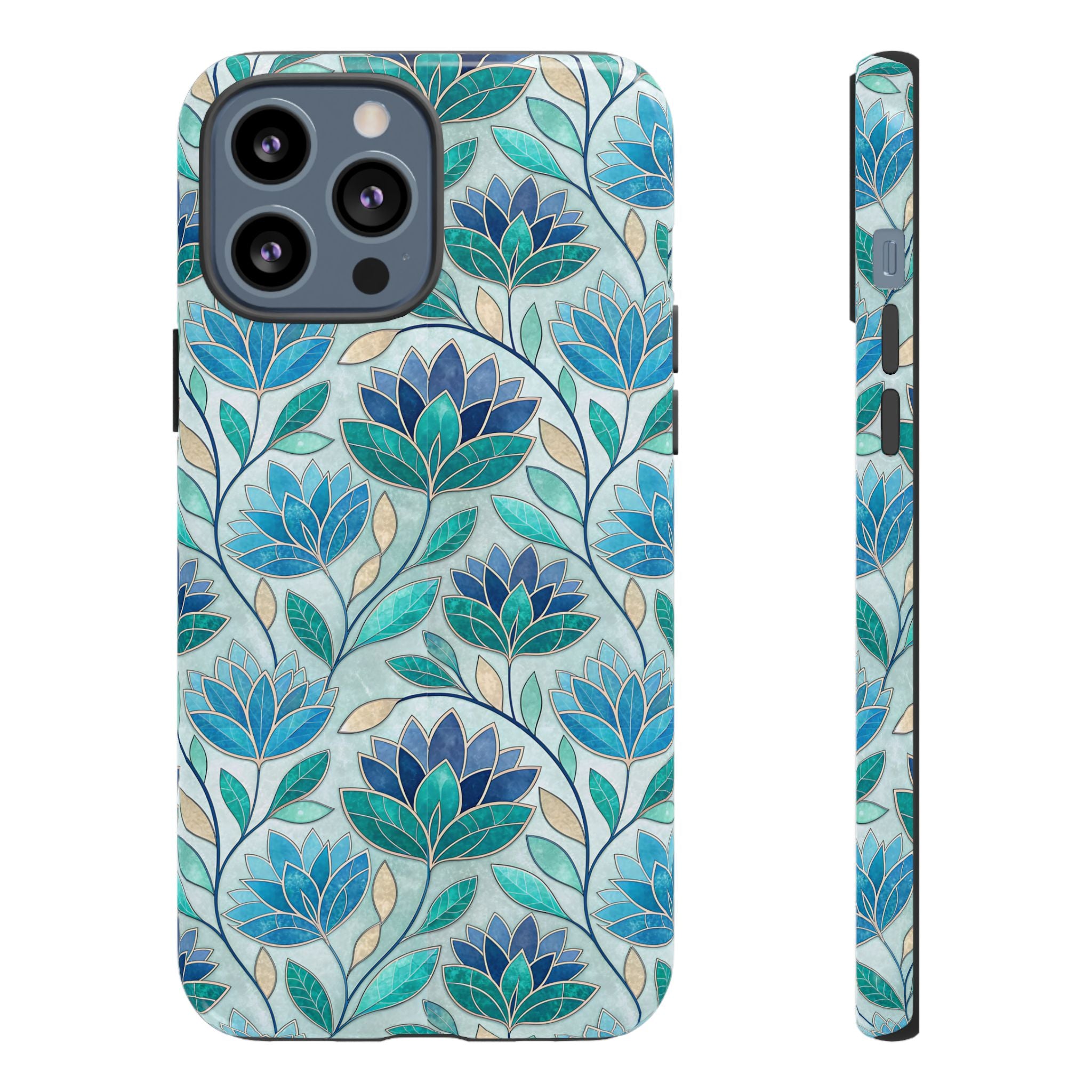 Mosaic iPhone Case, Stained Glass Floral Phone Cover, Teal Blue Protective Case, Matte Glossy Options, Artistic Mosaic Pattern