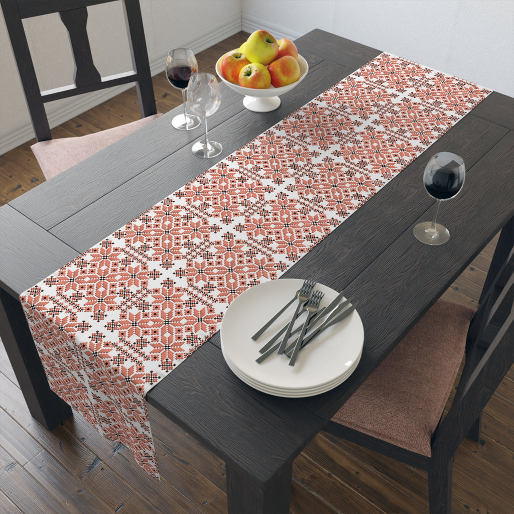 Mariia Red Ukrainian Pattern Table Runner – Traditional Geometric Terracotta & Cream Design