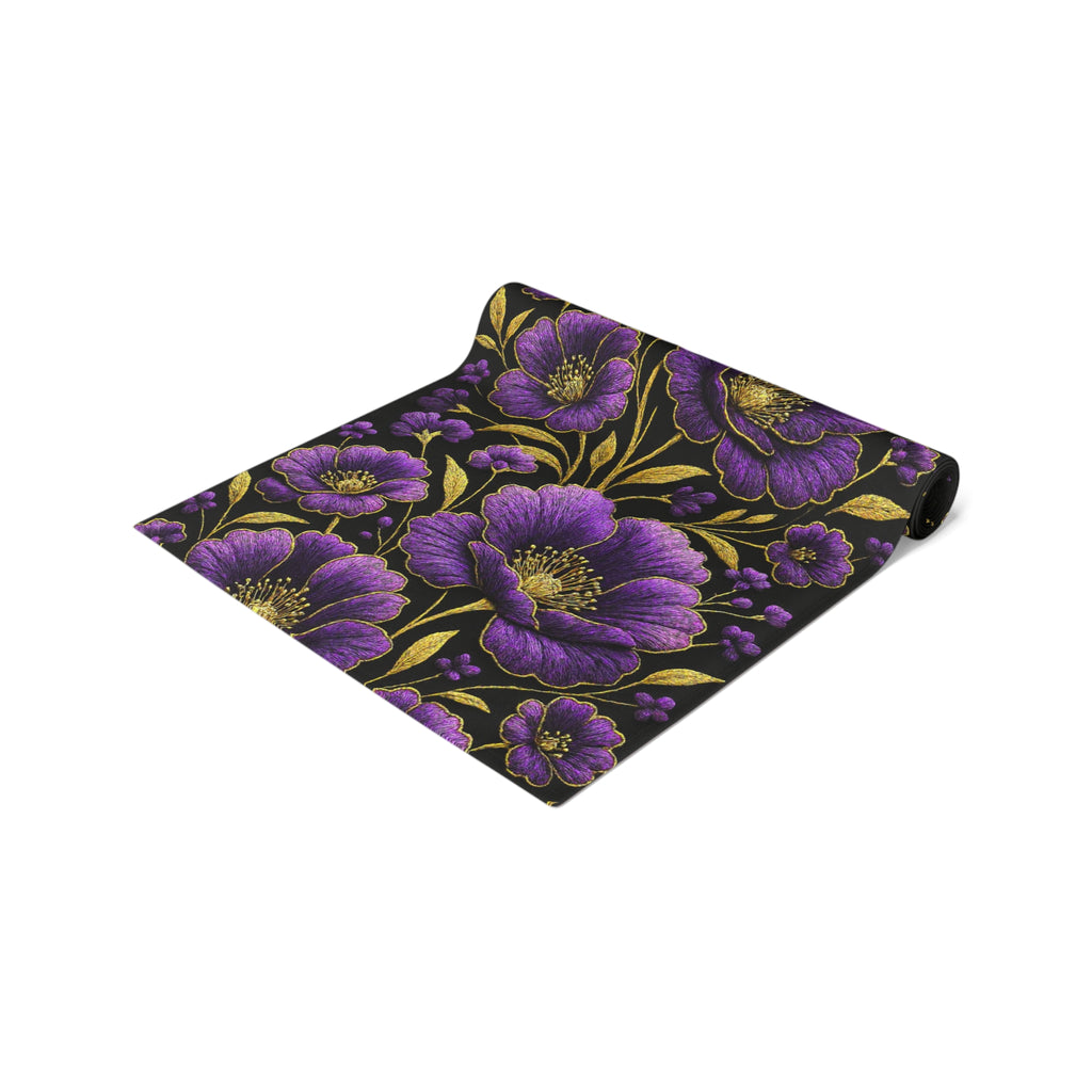 BLUESKYDEZIGN | Petrykivka Bloom Purple Poppy Table Runner | Ukrainian Folk Art Dining Decor | Dark Cottagecore | Cotton or Polyester