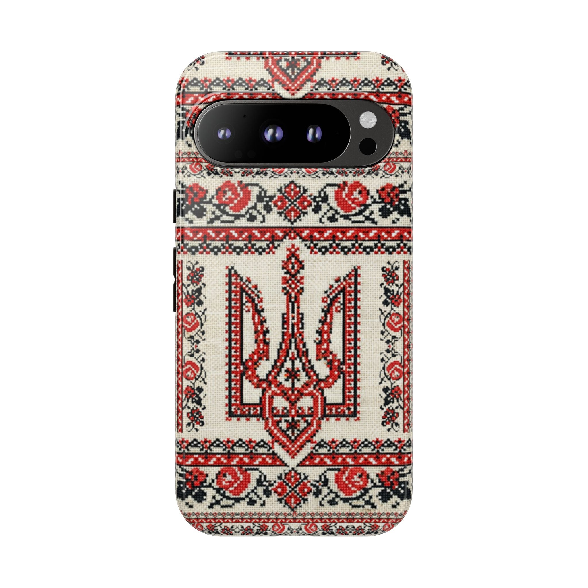 Ukrainian Trident Embroidery Phone Case • Red Black Trident Pattern • Protective Folk Art Cover for iPhone & Samsung