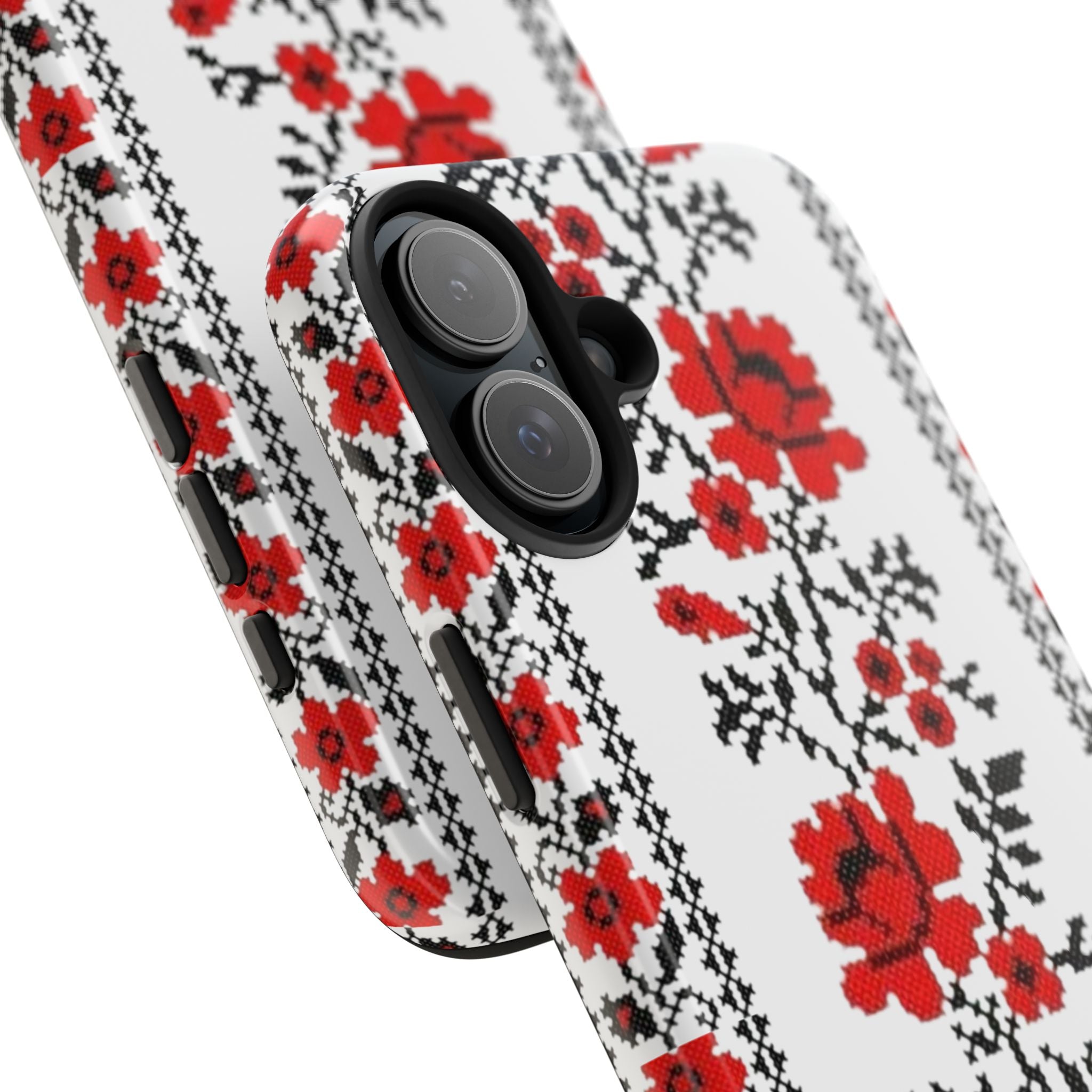 Ukrainian embroidery phone case with bold red and black traditional cross-stitch folk pattern — Vyshyvanka-inspired floral stripe design, dual-layer shockproof iPhone cover with UV-protected glossy finish

