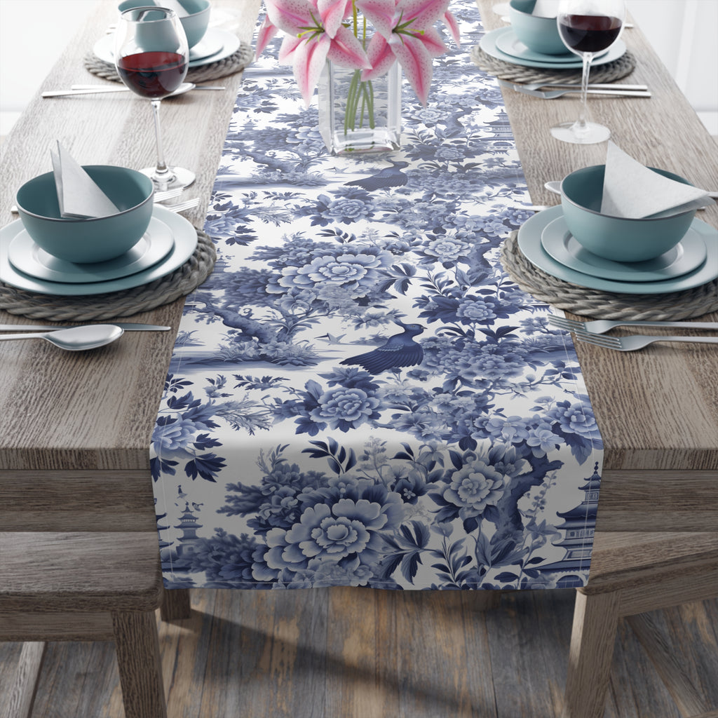Blue Chinoiserie Toile Table Runner | Vintage Floral Dining Decor | Cotton Twill & Polyester