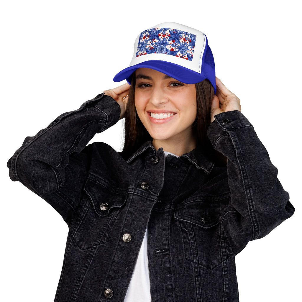 America 250th Anniversary Trucker Hat | Patriotic Toile Floral & Stars | BLUESKYDEZIGN
