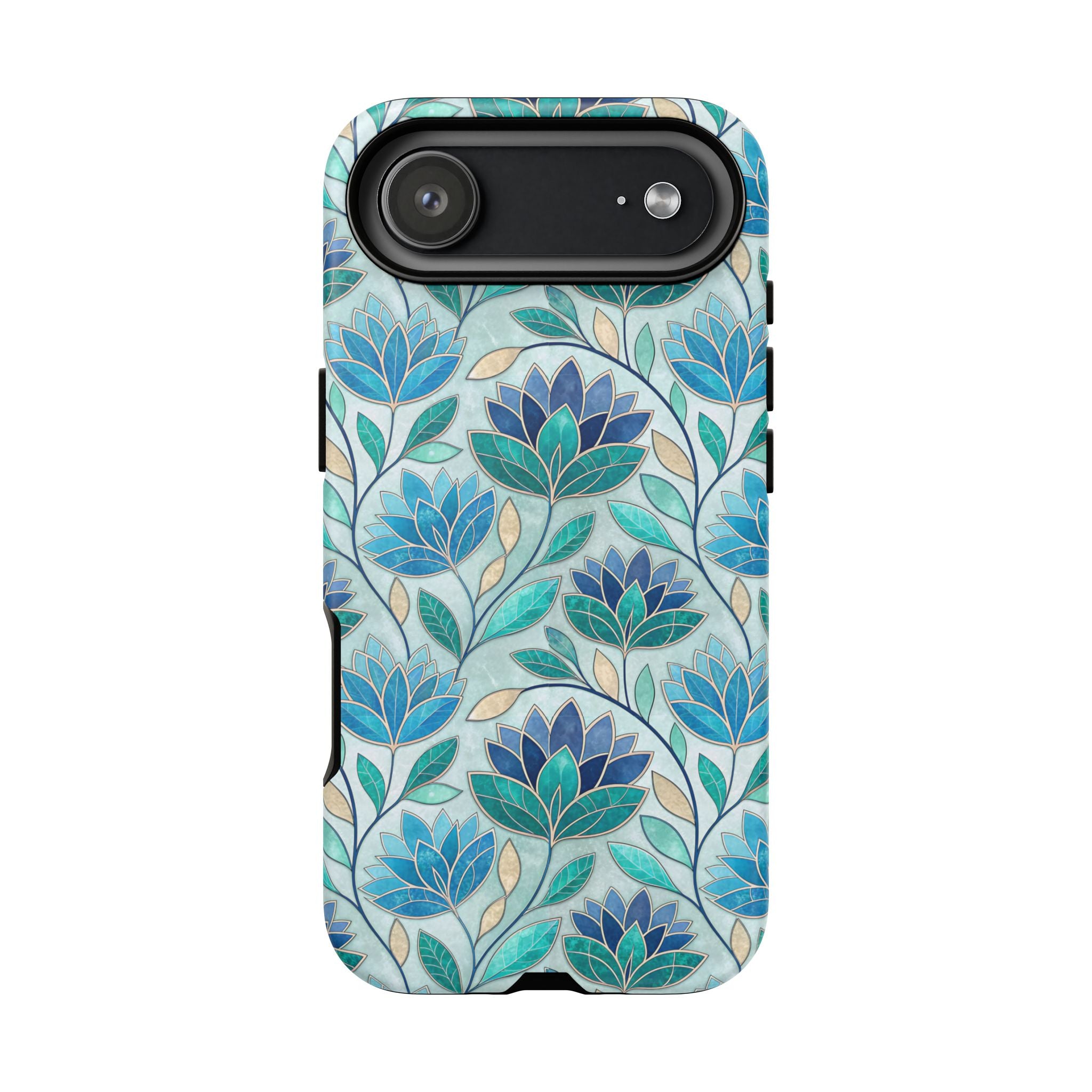 Mosaic iPhone Case, Stained Glass Floral Phone Cover, Teal Blue Protective Case, Matte Glossy Options, Artistic Mosaic Pattern