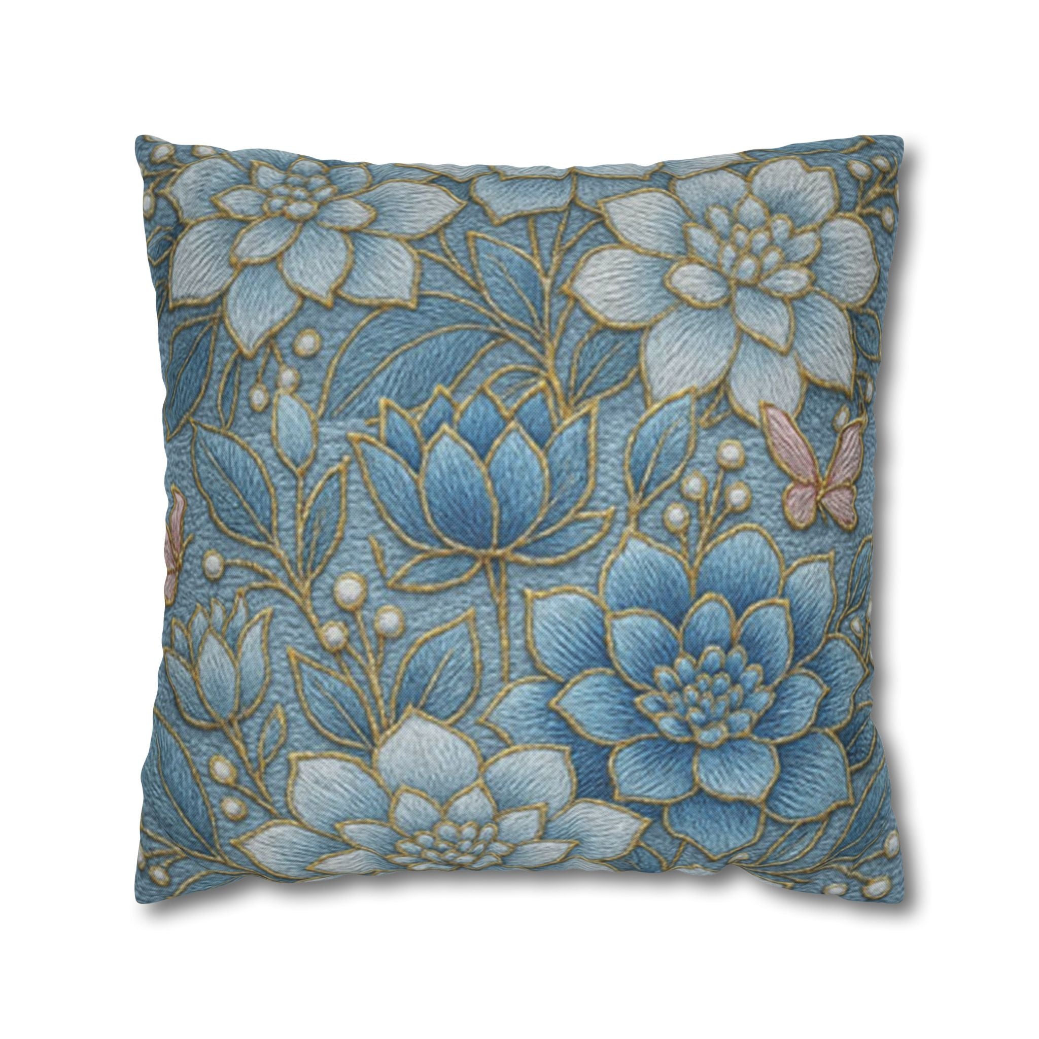 Blue watercolor floral succulent decorative pillowcase — double-sided cottagecore cushion cover in muted blues and sage green, square sizes 14 to 28 inch

