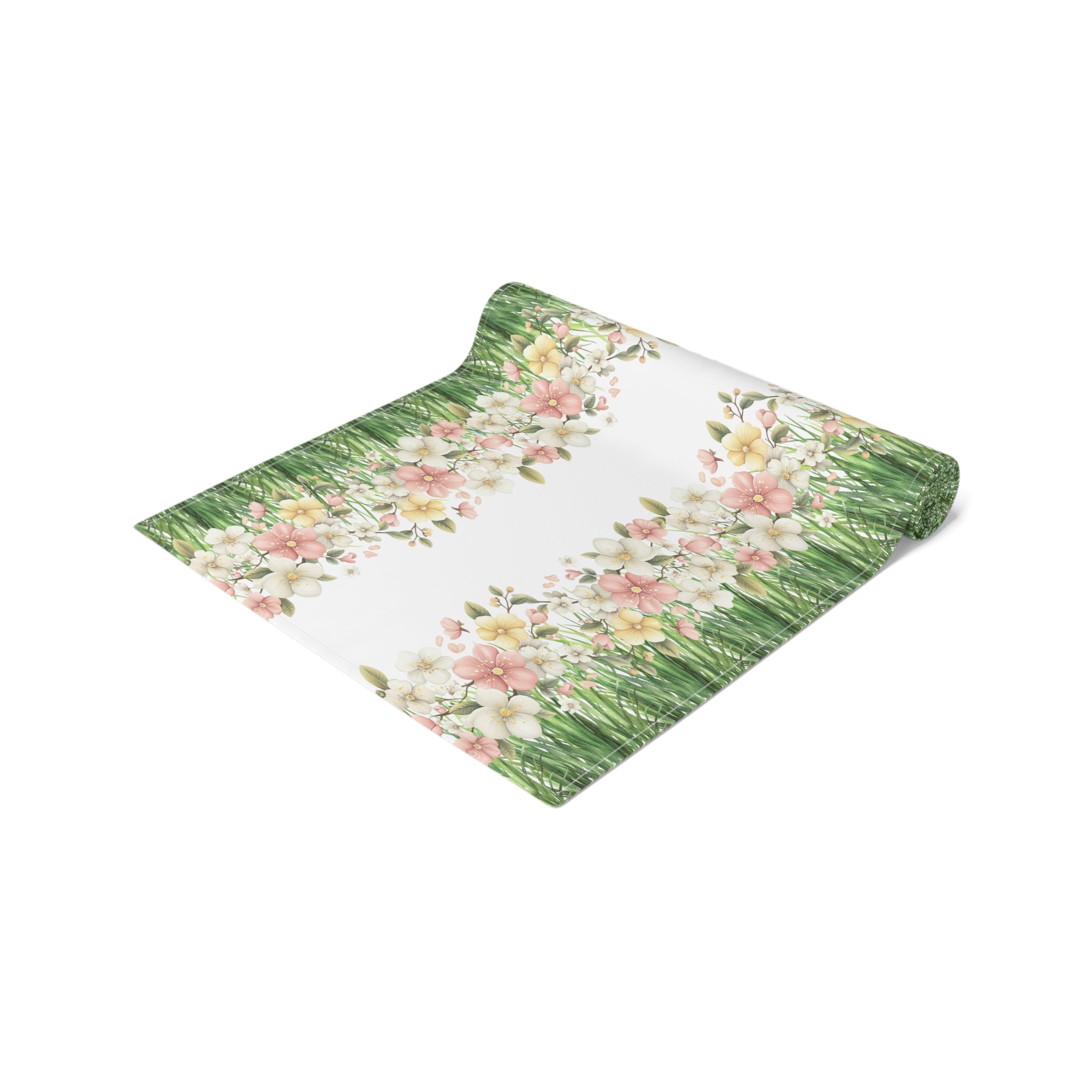 Spring Floral Table Runner, Cotton  Polyester Table Decor, Green Grass Border with Pink White Flowers, Dining Table Runner in 16×72, 16×90