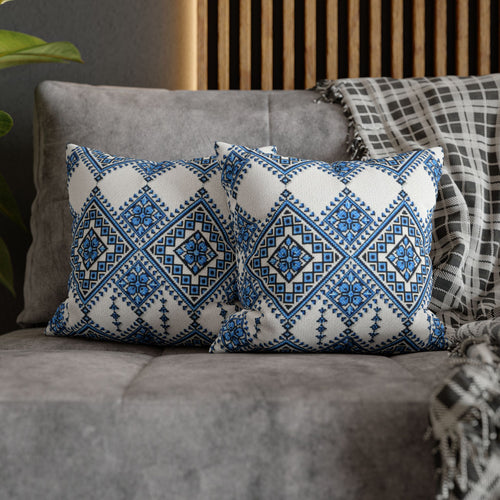 Blue Sky Folk Art Tile Pillow Cover | Ukrainian Heritage Floral Cushion