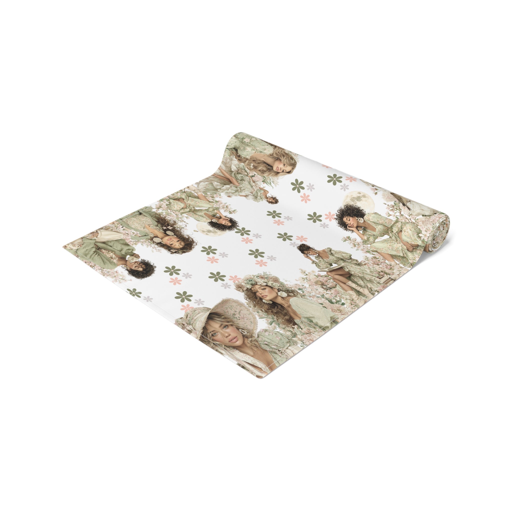Vintage Floral Women Table Runner, Cotton  Polyester, Artistic Spring Table Decor, Pink  Green Flower Pattern, 16×72, 16×90