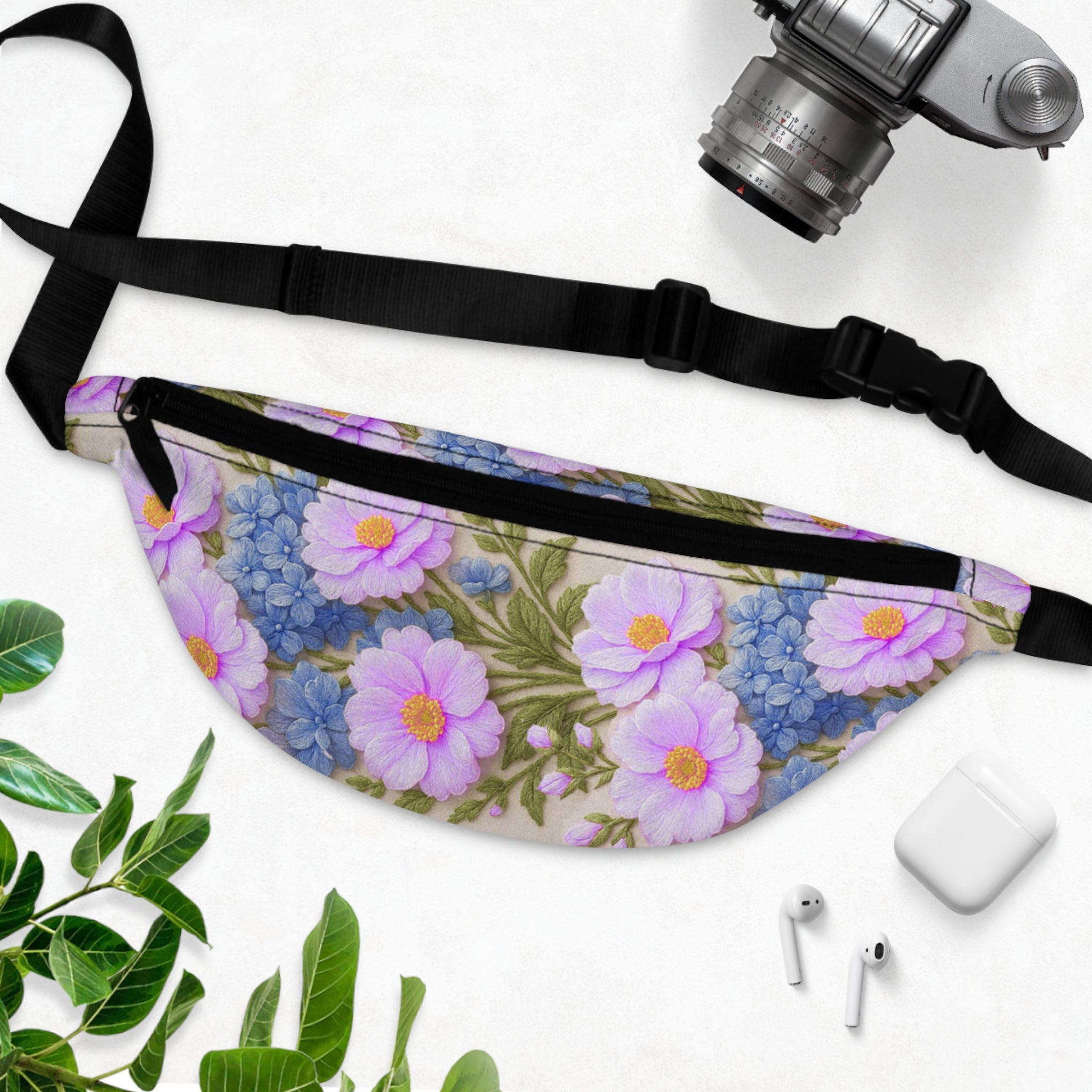 Pink Cosmos and Blue Hydrangea Fanny Pack, Alexandra Bloom Collection, Vintage Floral Waist Bag, Cottagecore Crossbody Purse