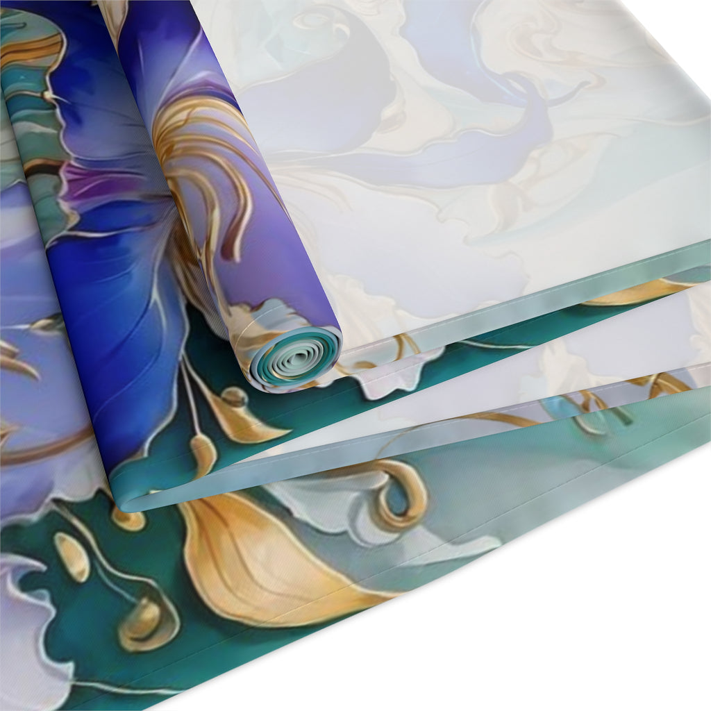 Purple Iris Floral Table Runner – Violet Gold Botanical Dining Decor, Cotton Twill or Polyester, 72" & 90"