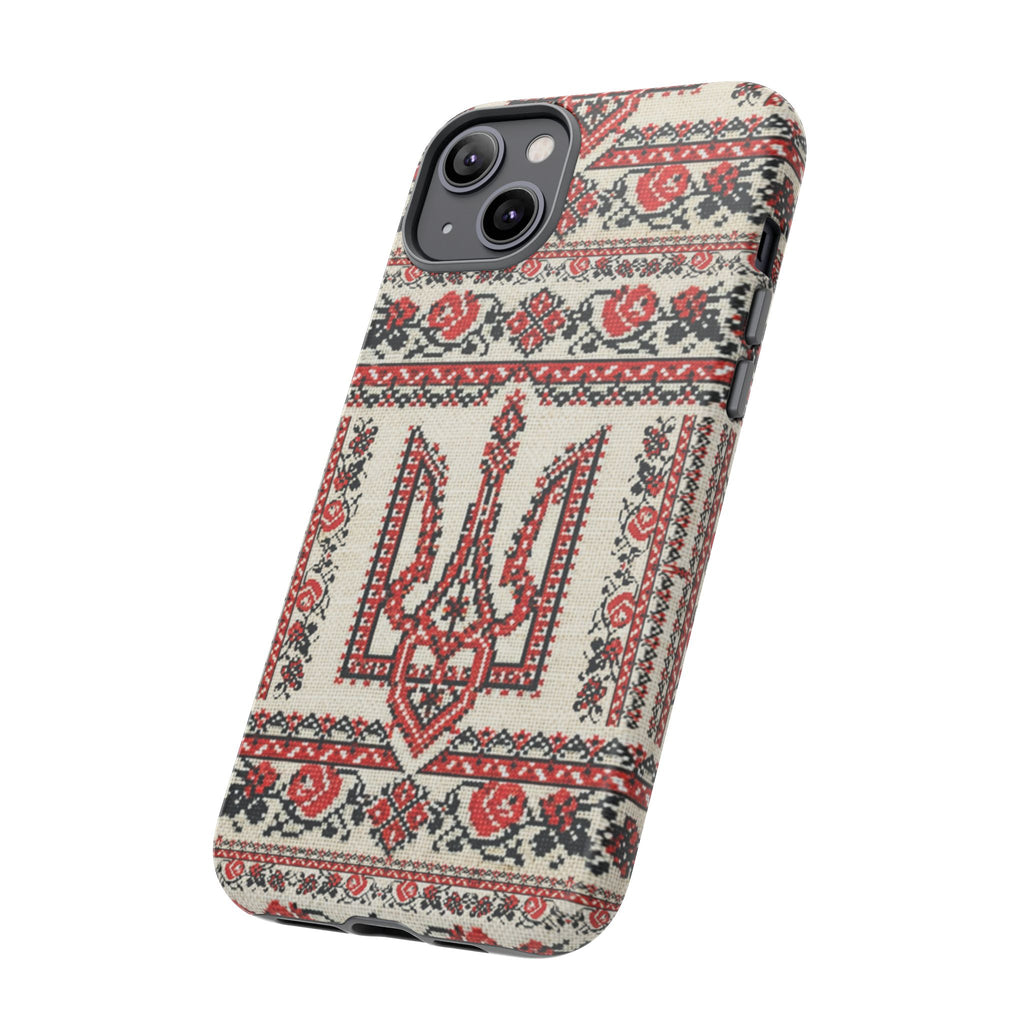 Ukrainian Trident Embroidery Phone Case • Red Black Trident Pattern • Protective Folk Art Cover for iPhone & Samsung