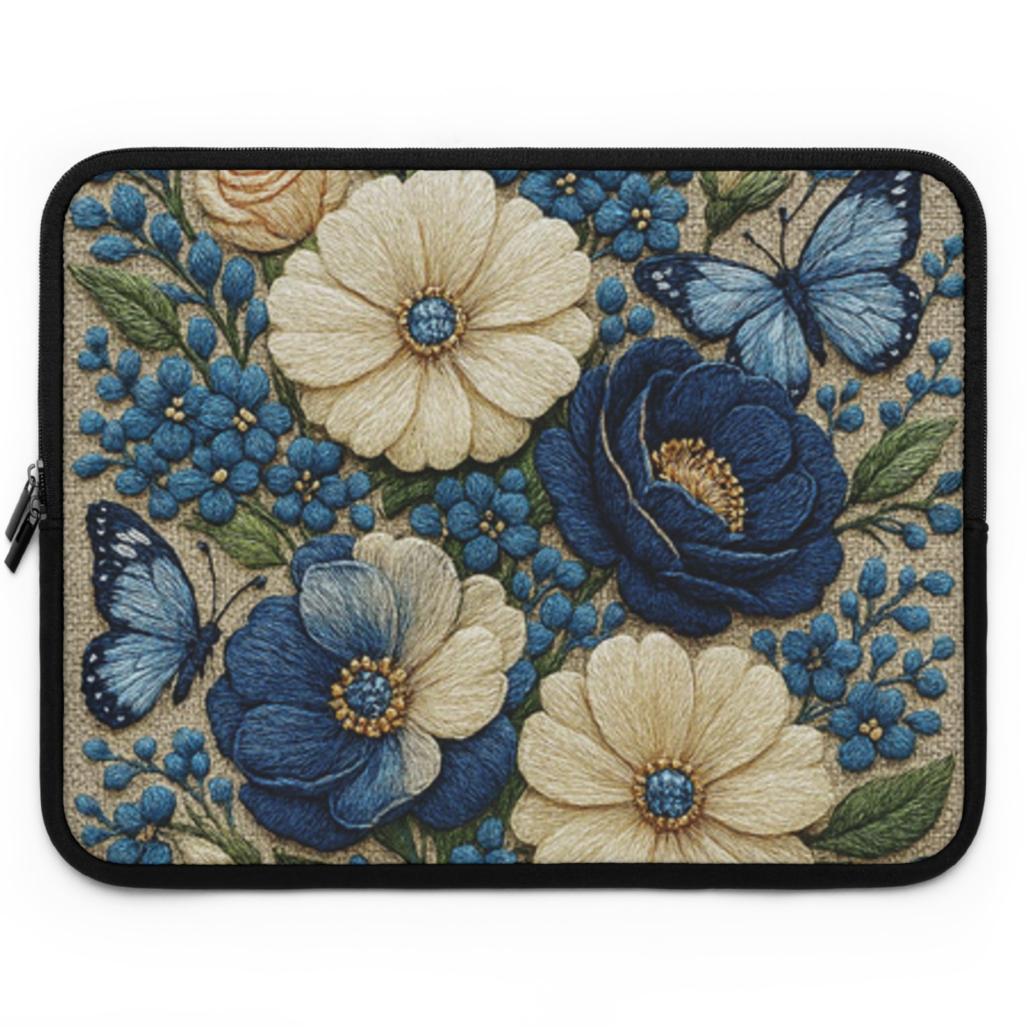 Wild Beauty Floral Laptop Sleeve | Blue Cream Botanical Neoprene Case with Zipper | Cottagecore Tech Bag