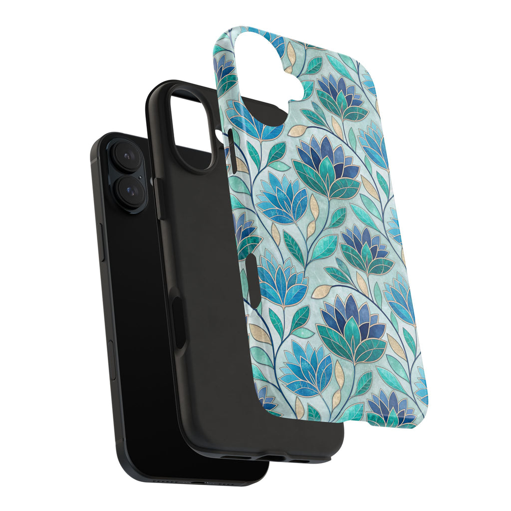 BLUESKYDEZIGN | Mosaic Stained Glass Phone Case | Teal Blue Floral Watercolor iPhone Cover | Artistic Gift for Her