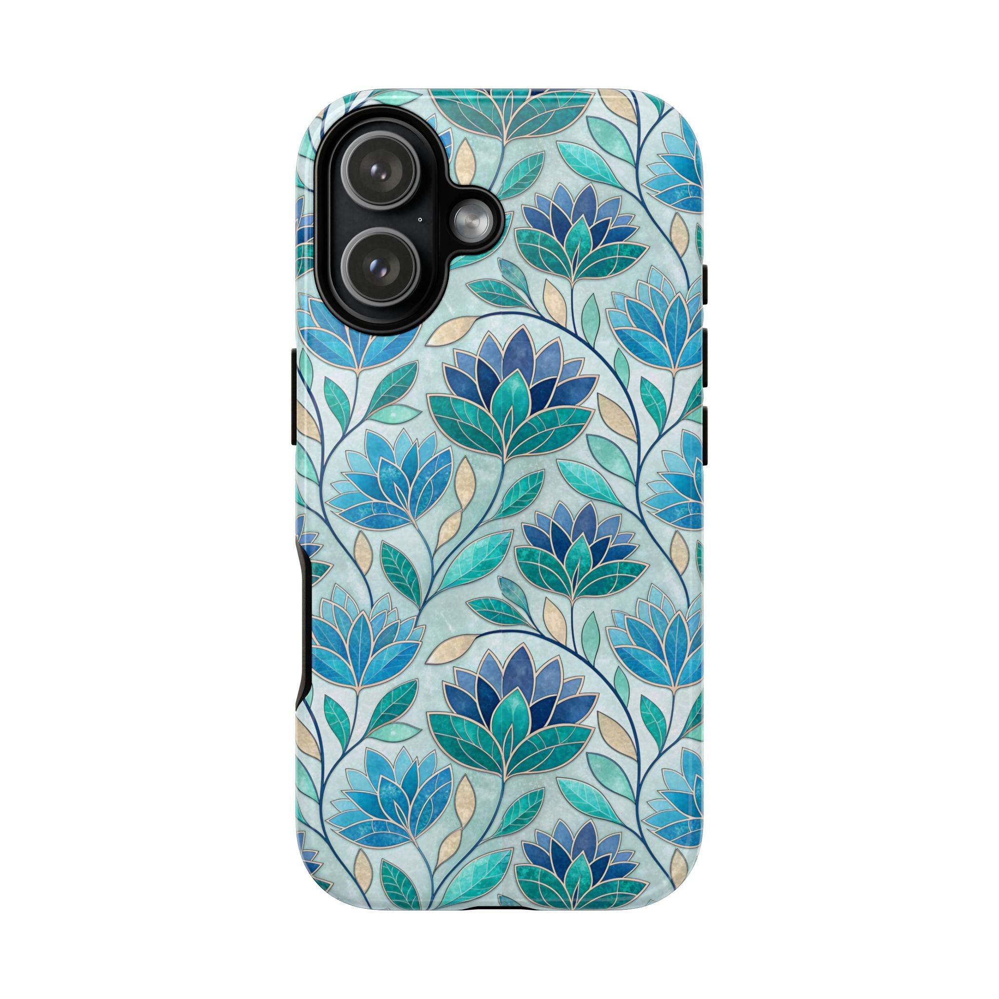 Mosaic iPhone Case, Stained Glass Floral Phone Cover, Teal Blue Protective Case, Matte Glossy Options, Artistic Mosaic Pattern