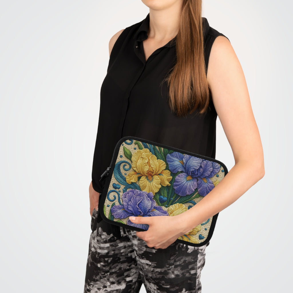 Free Bloom Iris Laptop Sleeve | Yellow Purple Floral Neoprene Case with Zipper | Vintage Botanical Tech Bag