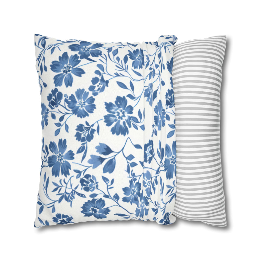 Light Blue Floral Pillowcase Spun Polyester Square Pillowcase | Blue Flower Pillow Cover
