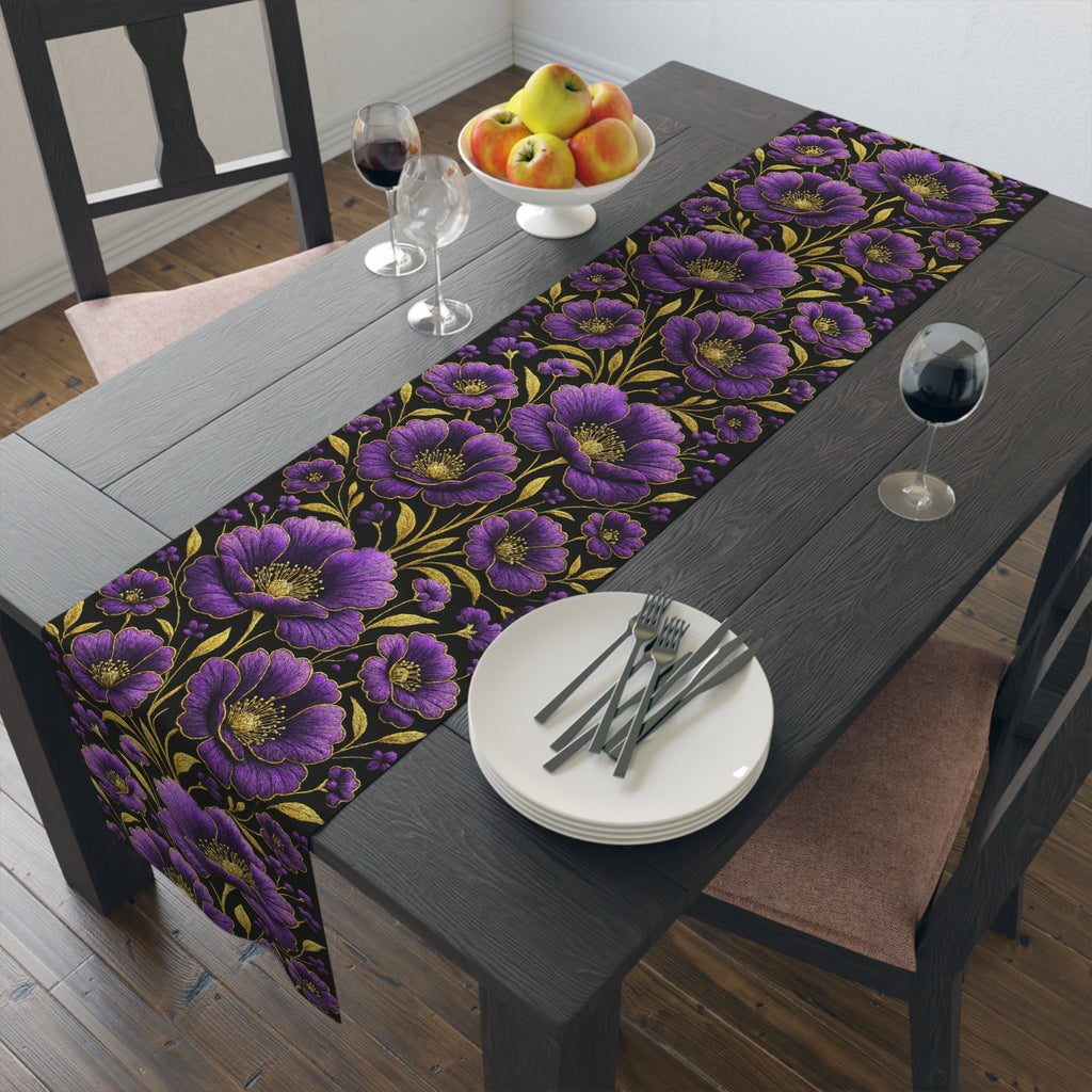 Petrykivka Bloom Table Runner | Purple Poppy Floral Table Runner | Moody Gold Embroidered Look Table Decor