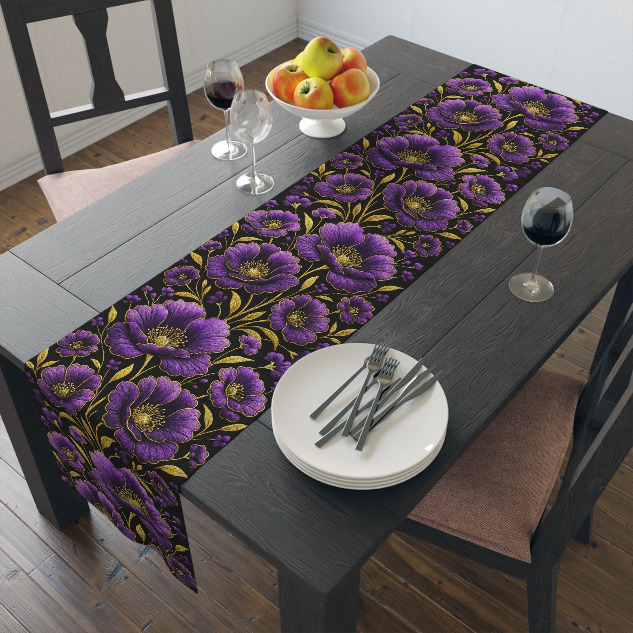 Petrykivka Bloom Table Runner | Purple Poppy Floral Table Runner | Moody Gold Embroidered Look Table Decor