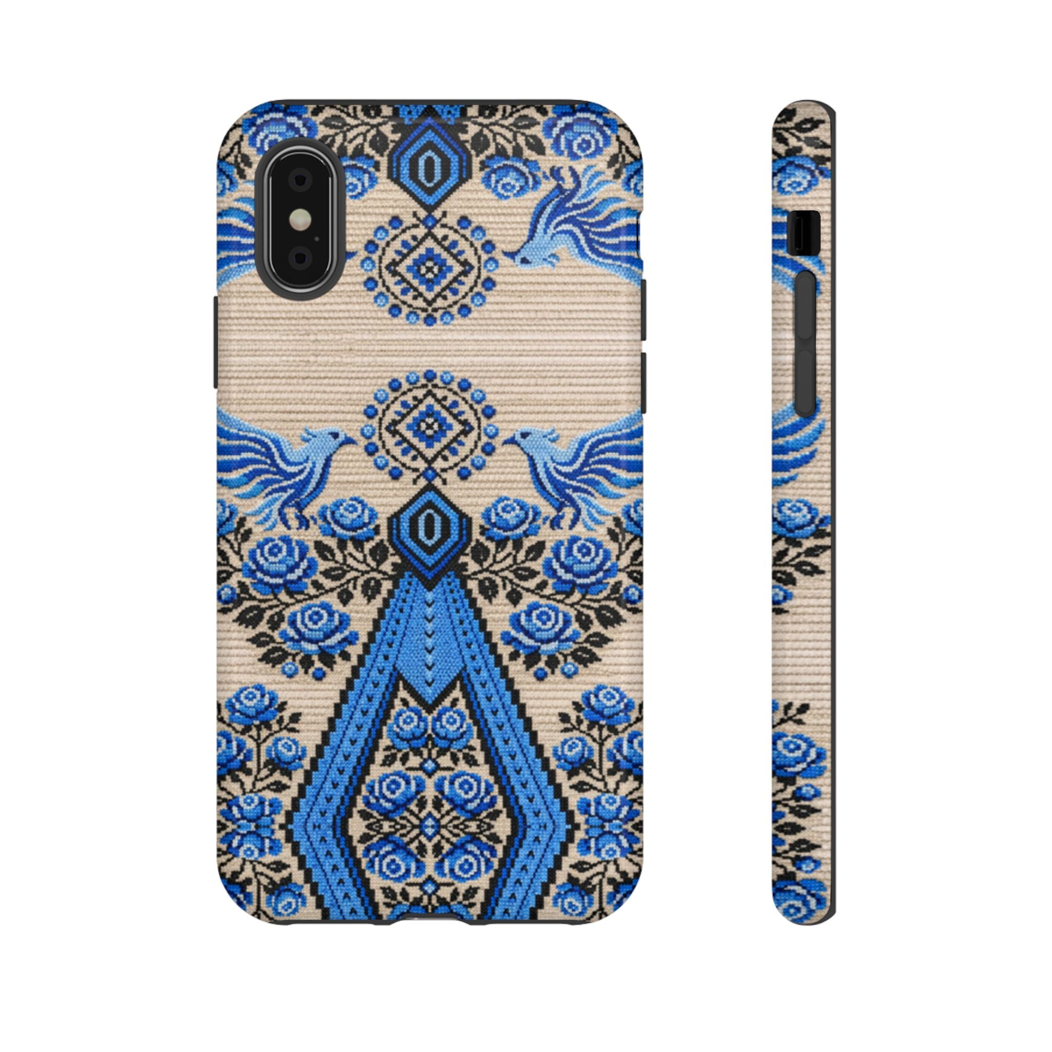 Ukrainian Berehynia phone case with blue black folk art pattern