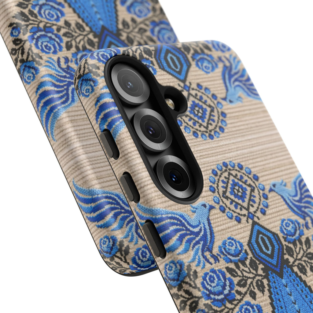 Ukrainian Phone Case  Blue Black Berehynia Design, Falcons & Roses Folk Art, Slavic Embroidery Style Protective Cover