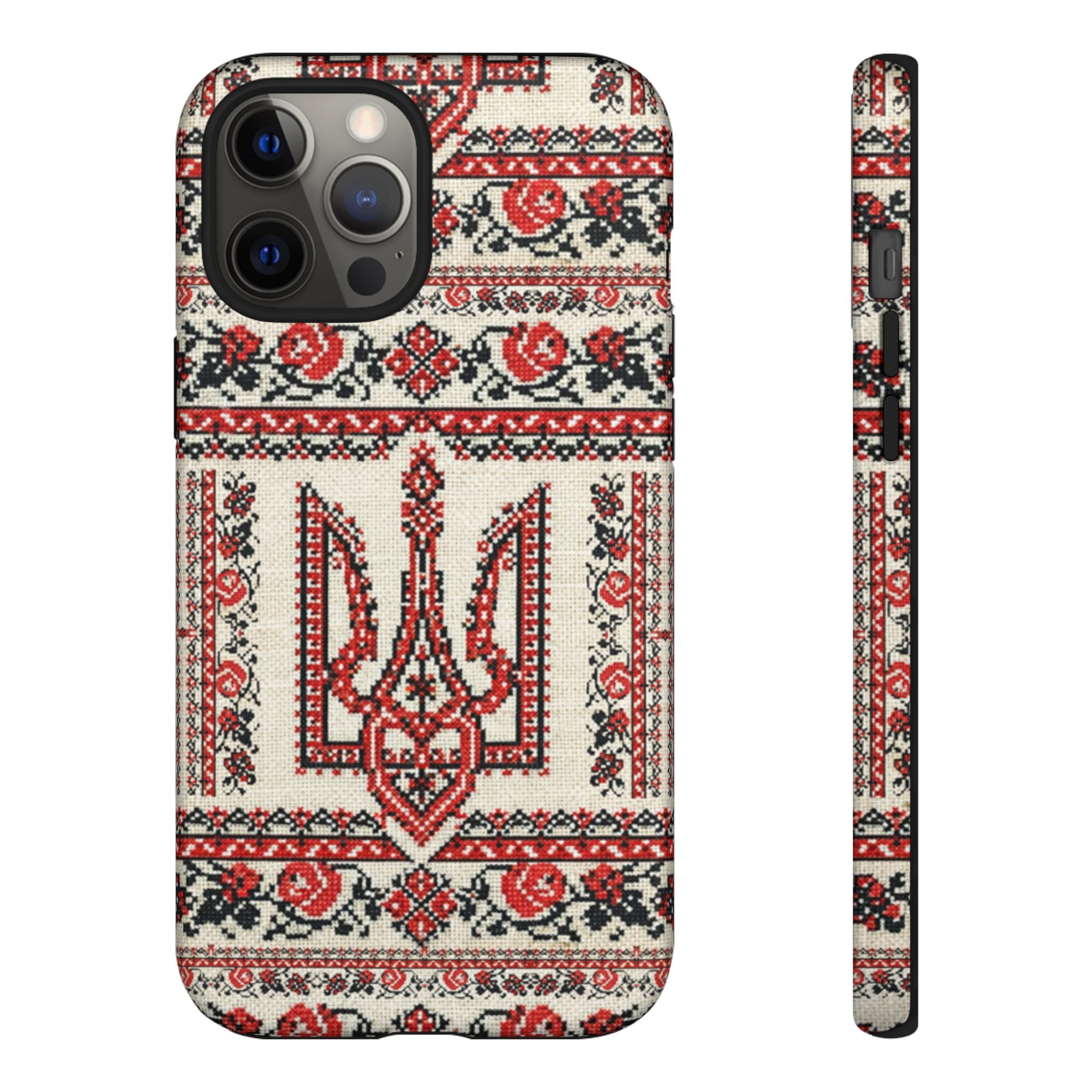 Ukrainian Trident Embroidery Phone Case • Red Black Trident Pattern • Protective Folk Art Cover for iPhone & Samsung