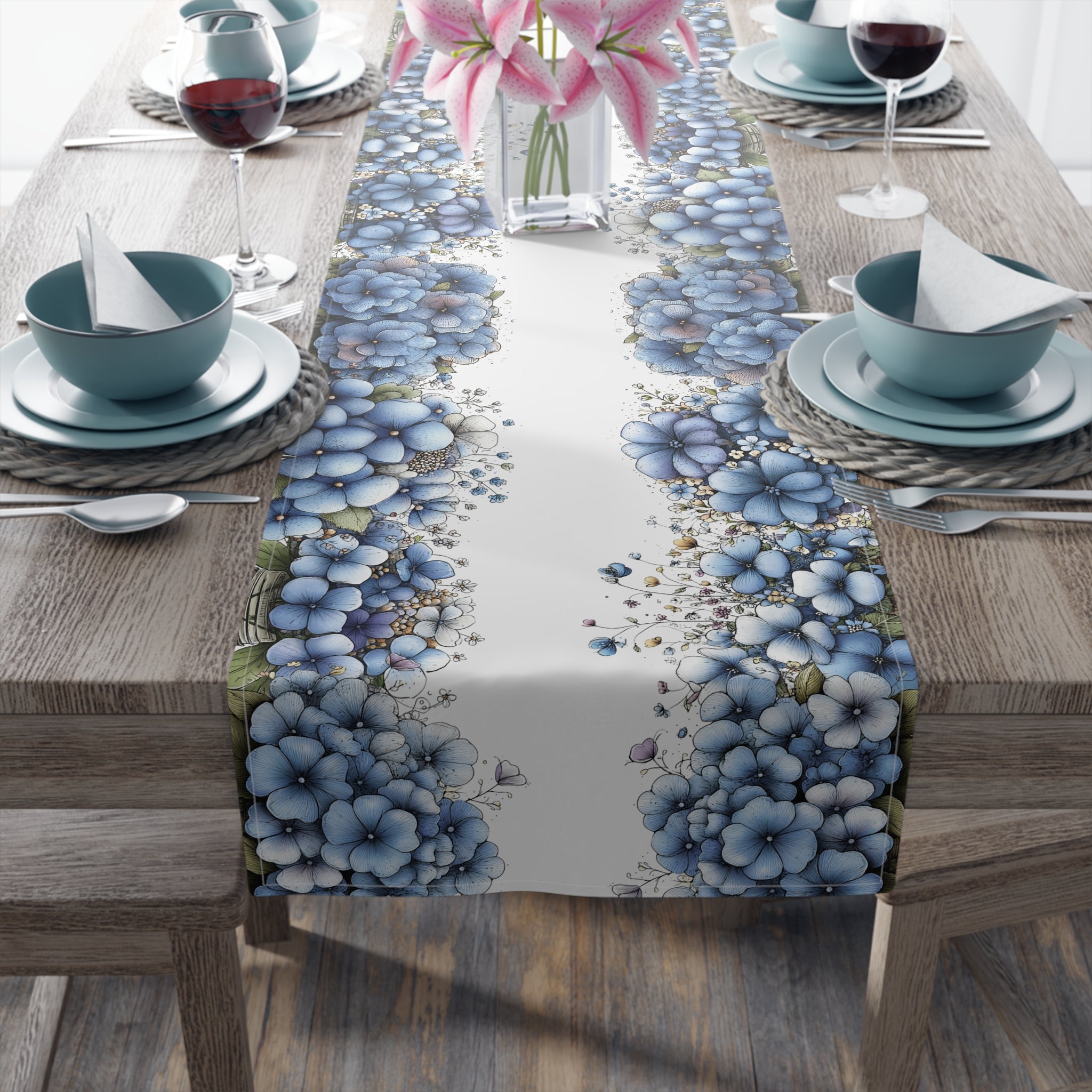 Blue Floral Table Runner, Cotton & Polyester, Spring Dining Table Decor, Elegant Blue and White Flower Runner, 2 Sizes