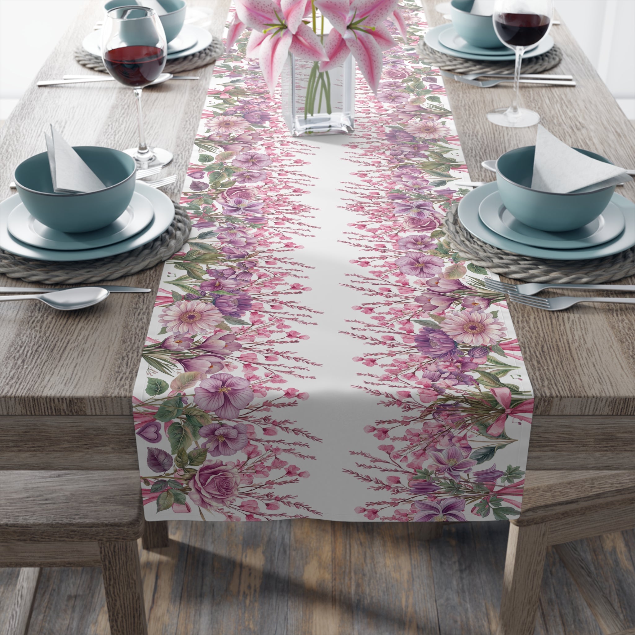 Spring Floral Table Runner, Cotton  Polyester, Pink  Purple Flower Design, Elegant Dining Table Decor, 16×72, 16×90