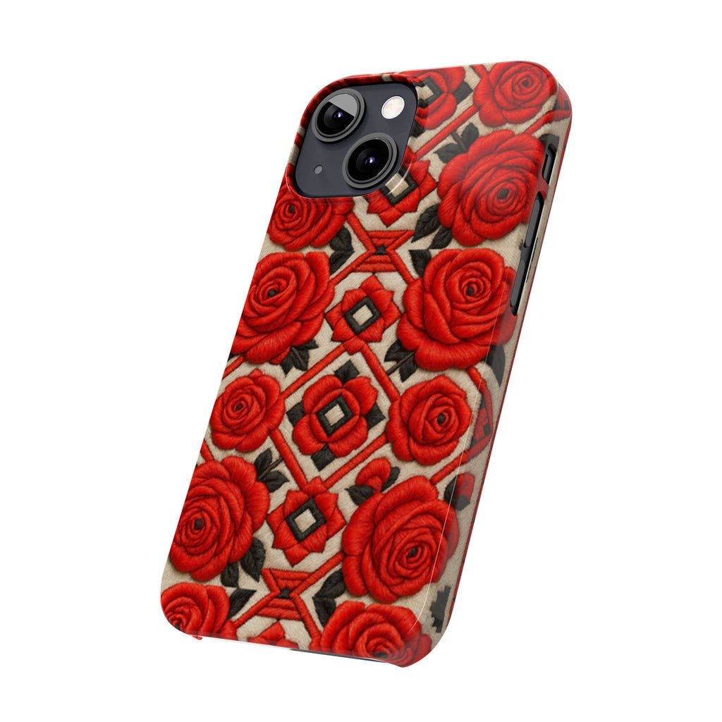 Red Roses iPhone Case | Vintage Floral Geometric Slim Cover | Glossy Protective Tech Gift for Her